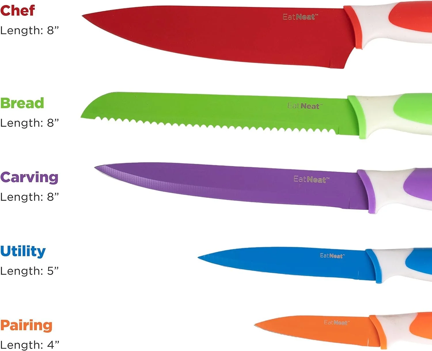 EatNeat 12-Piece Knife Set: Ergonomic Colorful Non-Stick Coated Stainless Steel Knives, Protective Sheaths, Cutting Board, and Sharpener - Gifts for New Home, Apartments, RV, Kitchen Chef’s Essentials
