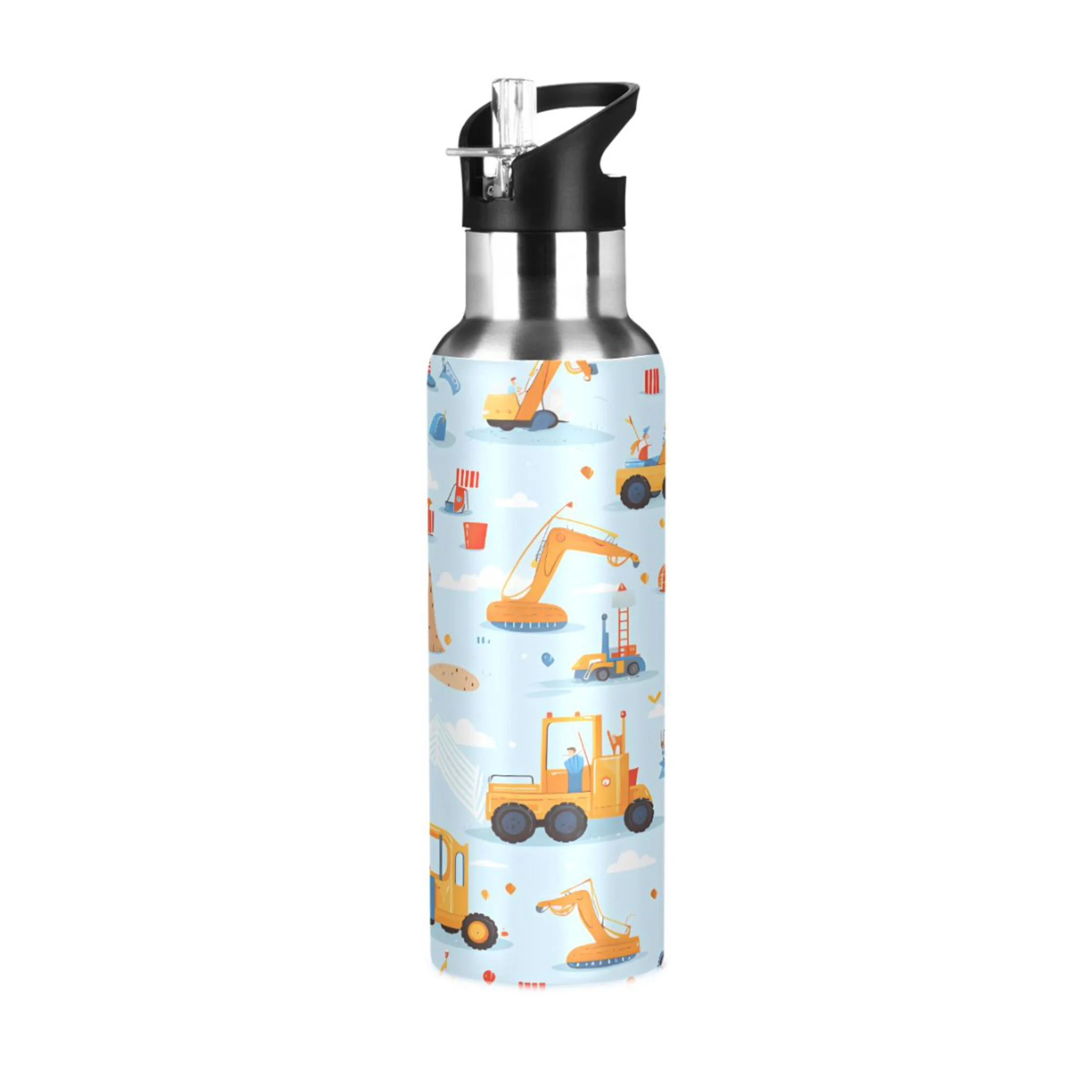 Water Bottle with Straw Lid Leak Cartoon Truck Excavator Blue Stainless Steel Insulated Thermos Vacuum Flask for Cold Hot Drinking for Sports Camping Gym Yoga
