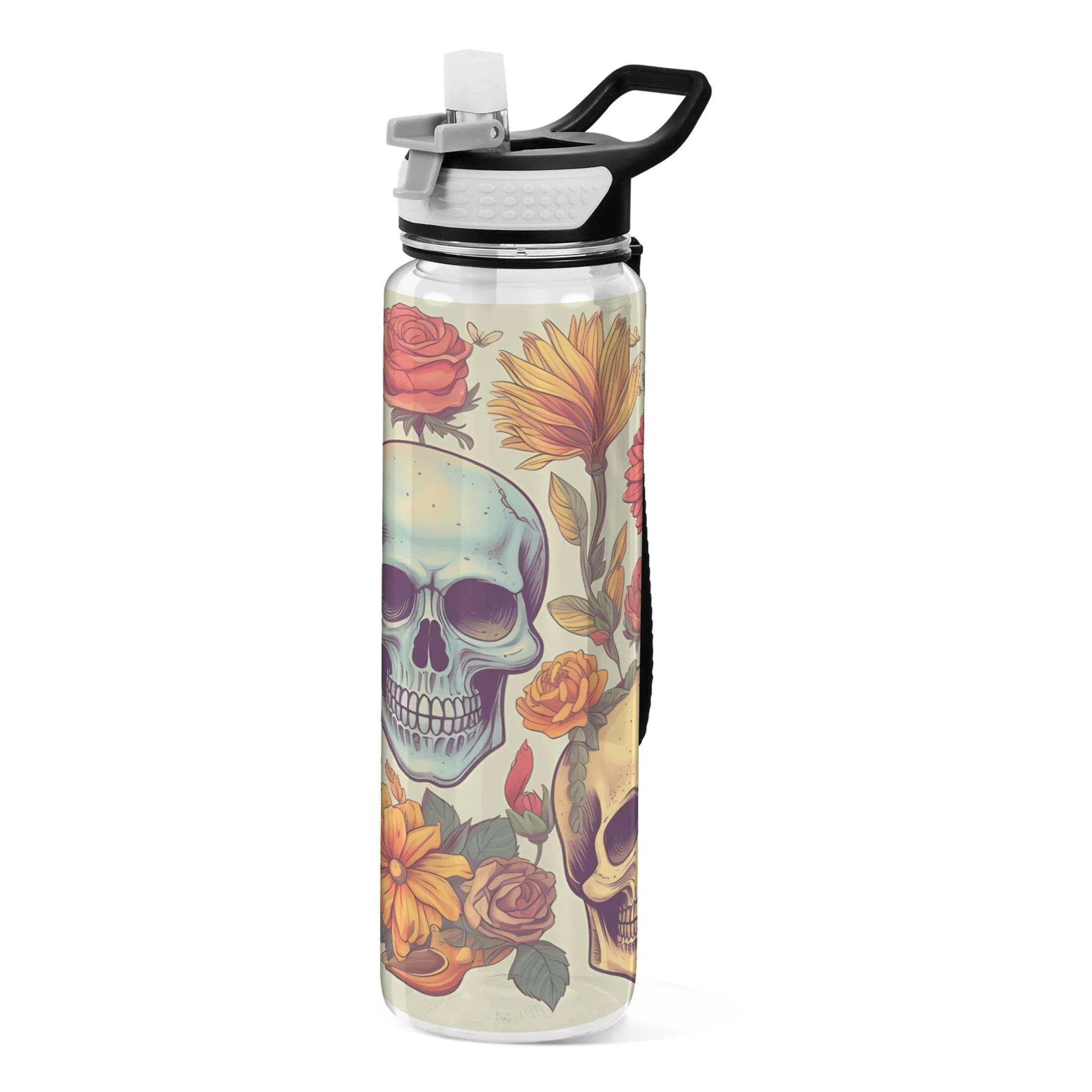 Skulls Skeleton Roses 32oz Water Bottles with Straw Tritan Leakproof Sports Bottle BPA Free Clear for Fitness Gym Swimming Cycling