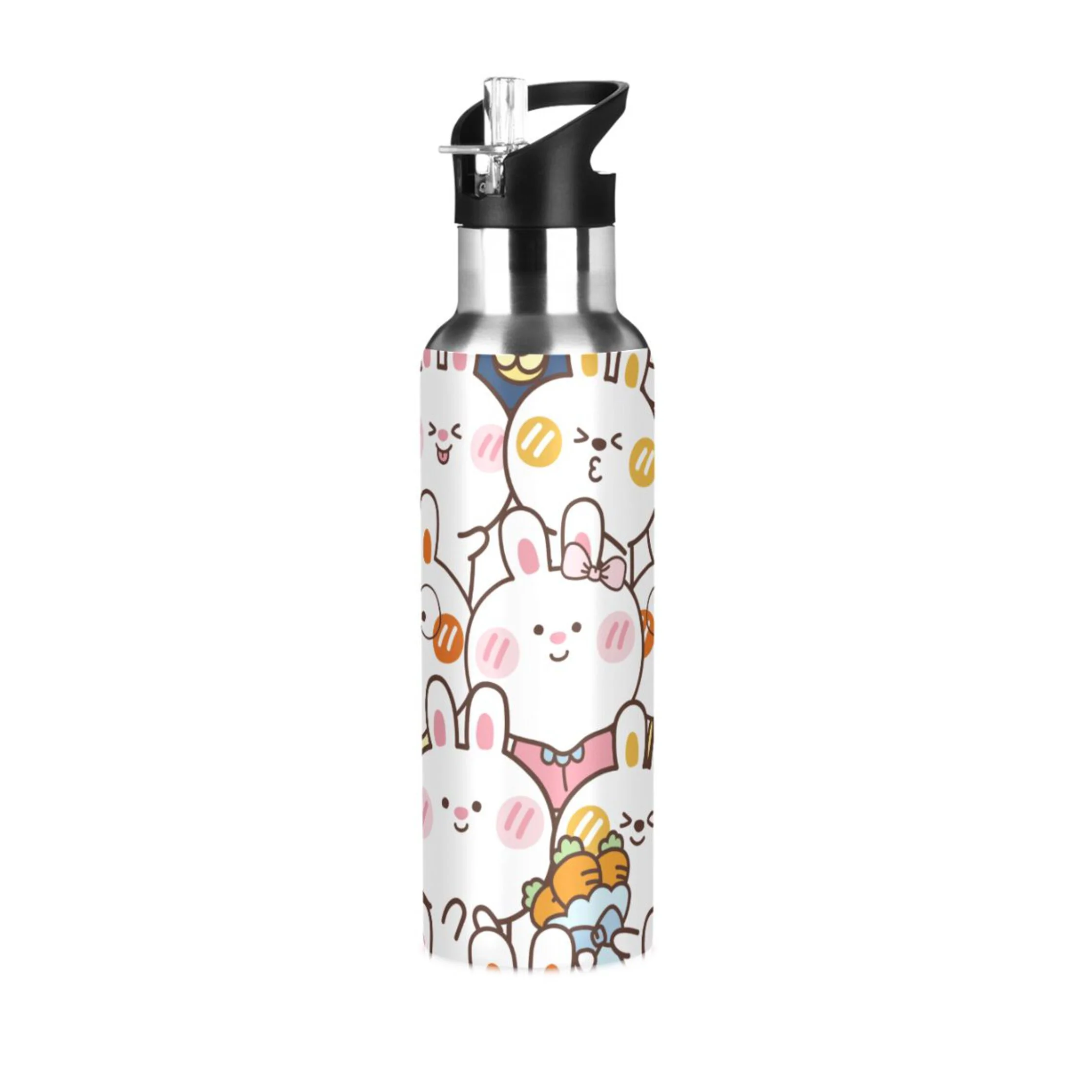 Water Bottle with Straw Lid Leak Cute Cartoon Rabbit Stainless Steel Insulated Thermos Vacuum Flask for Cold Hot Drinking for Sports Camping Gym Yoga