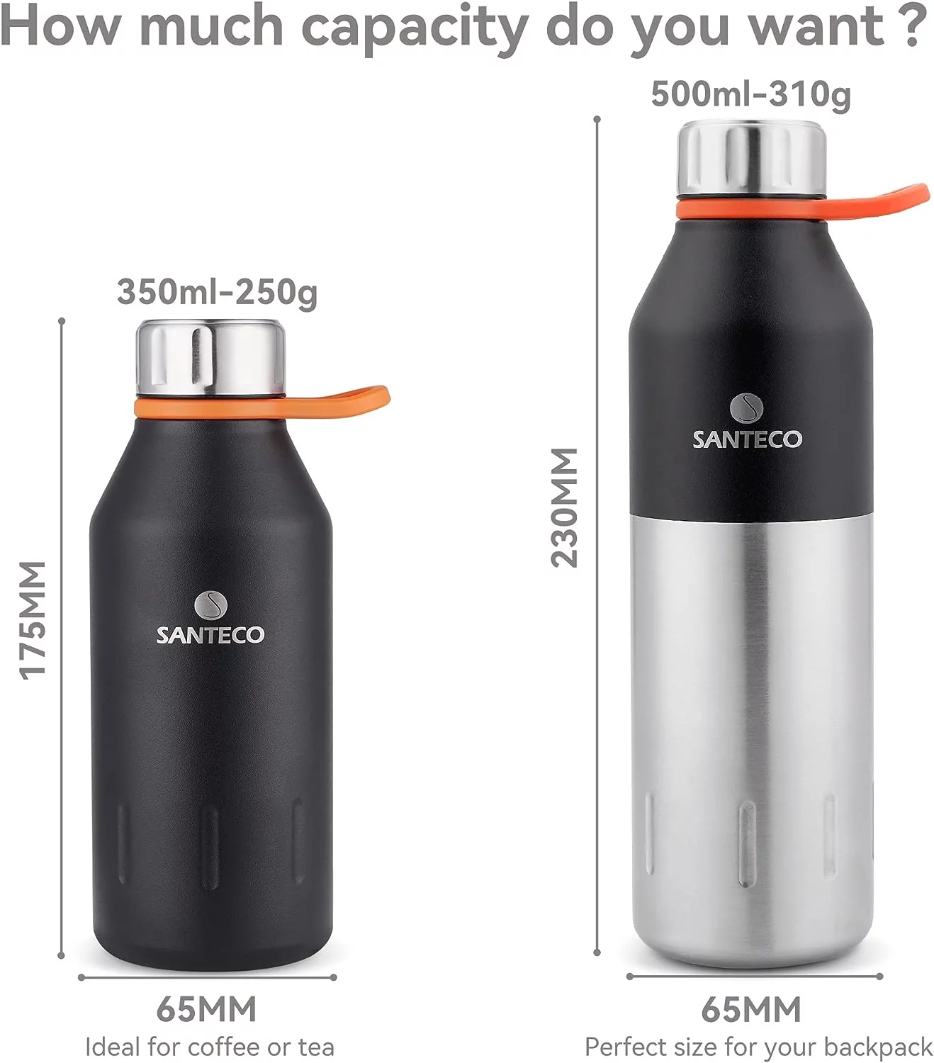 Santeco Stainless Steel Kola Water Bottle 12 fl oz, Black