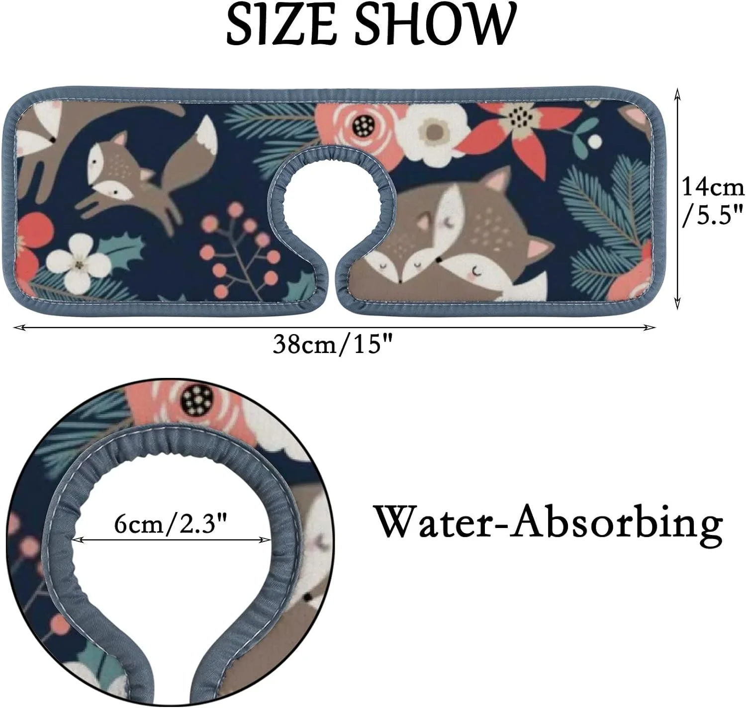 SKYSONIC Faucet Absorbent Mat 3 Pcs Cute Foxes and Flowers on Dark Blue Kitchen Faucet Splash Catcher Washable Counter Drying Pads Behind Faucet for Kitchen Bathroom