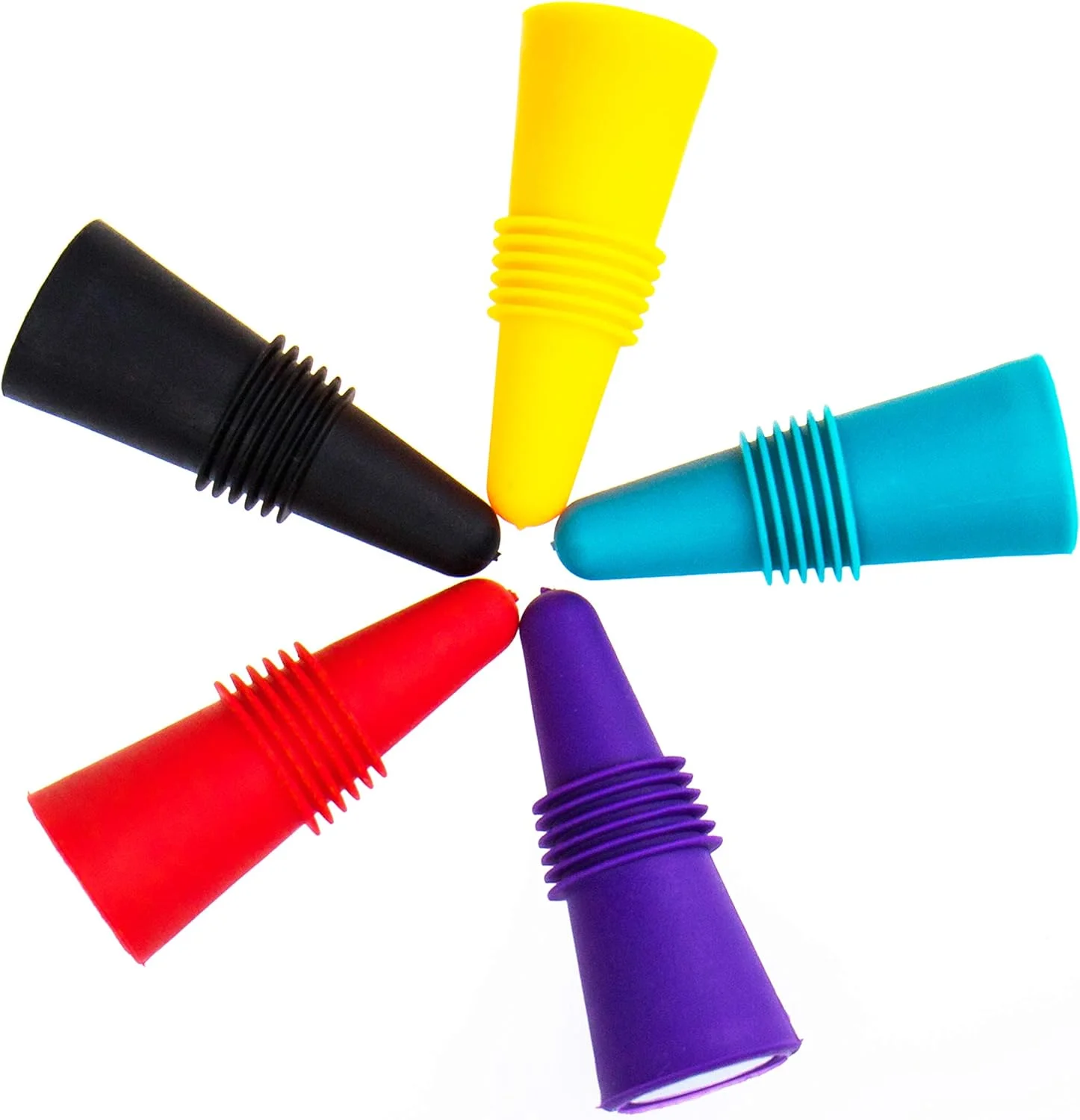 5 Pack Reusable Silicone Wine Stoppers Beverage Bottle Sealer Replacement with Grip Top for Cork to Keep The Wine Fresh-Red, Purple, Green, Orange,Black