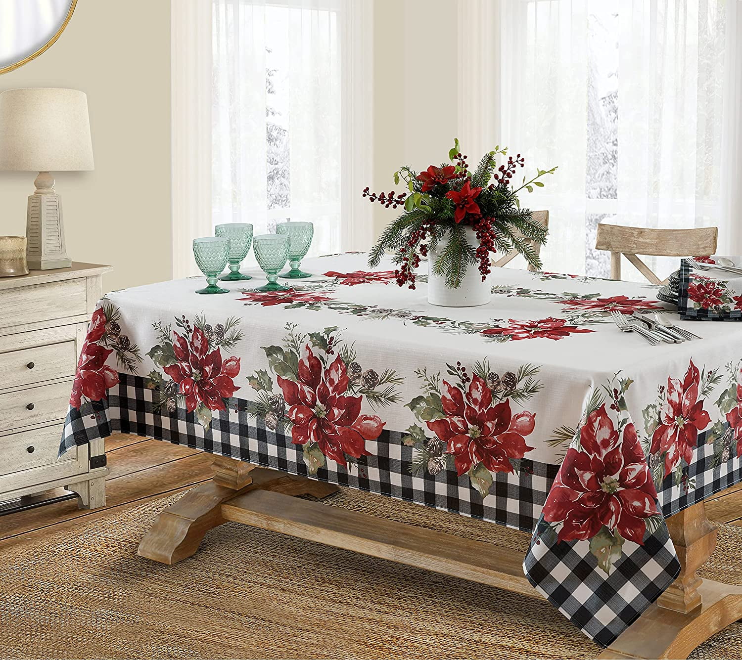 Newbridge Poinsettia Festivity Gingham Bordered Christmas Fabric Tablecloth, Country Cottage Print Easy Care, Stain Release Tablecloth, 52” x 52” Square