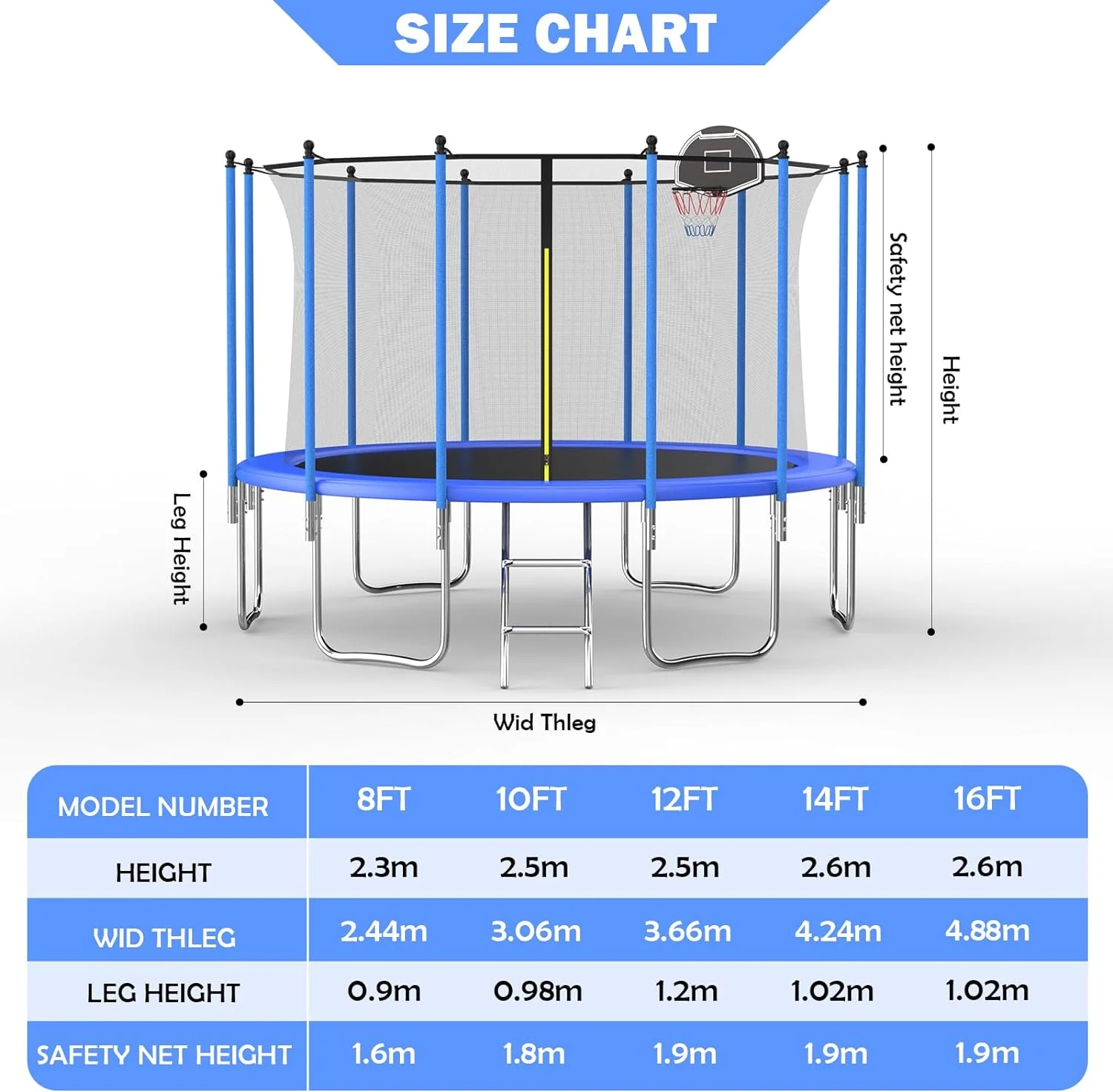 HEVAOTRY Kids Trampoline 10FT Round Trampoline with Basketball Hoop Safety Enclosure Net Ladder Padding-In Net