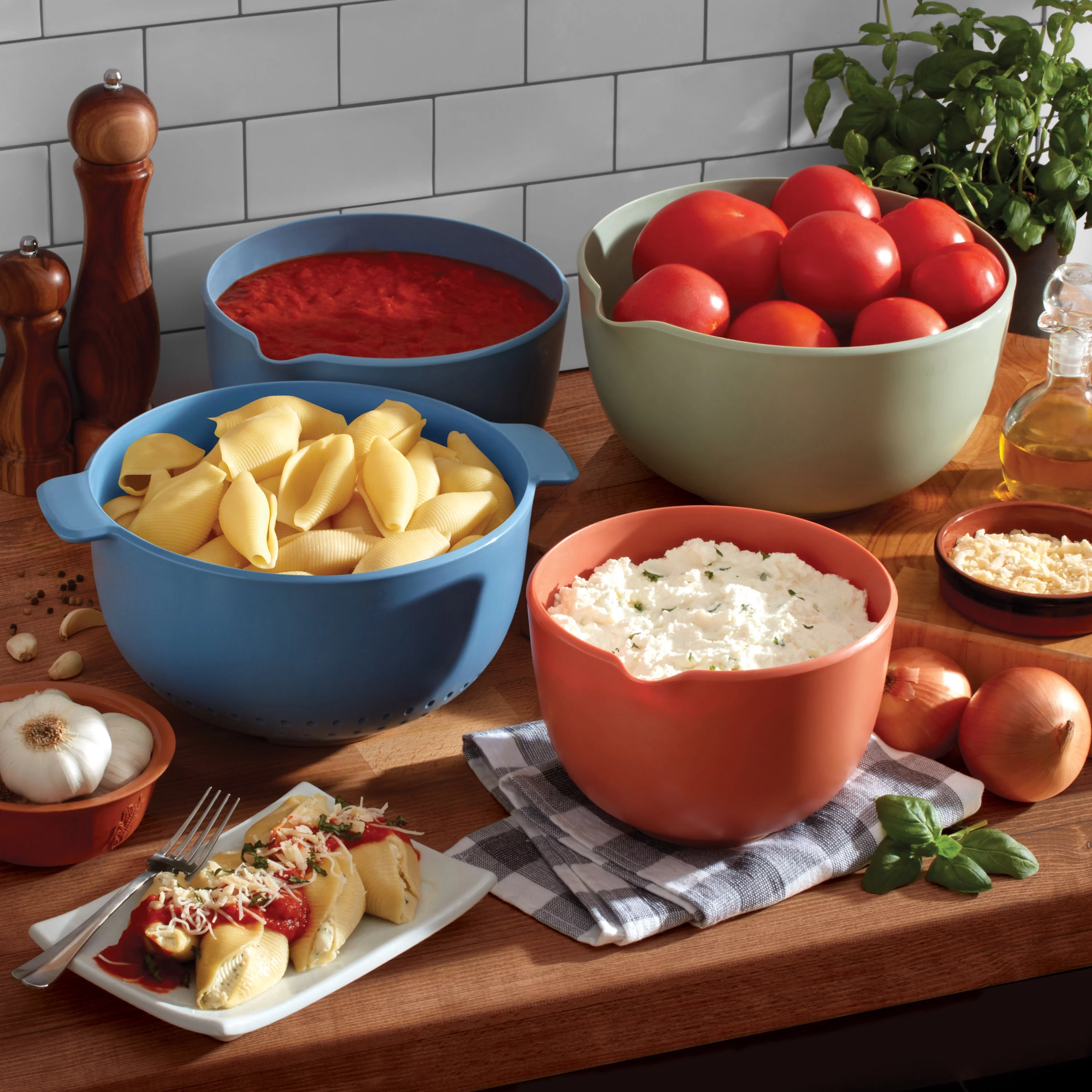 Beautiful Mixing Bowls and Colander Set Sage, Cinnamon and Blue Icing by Drew Barrymore
