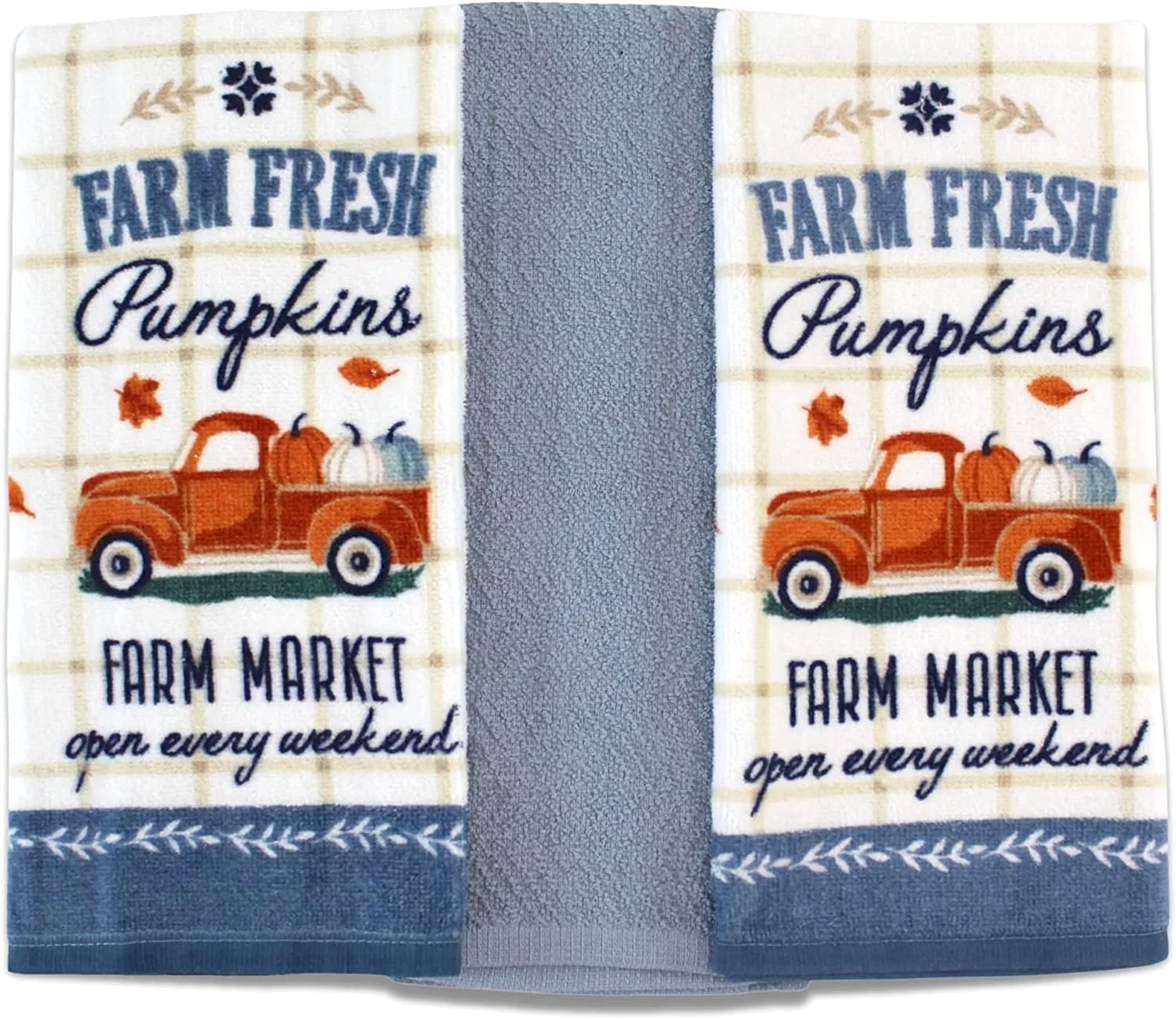 Serafina Home Happy Harvest Country Fall Kitchen Towels Set: Colorful Cotton Velour Harvest Pumpkins Truck, Blue Border Plaid Print Background