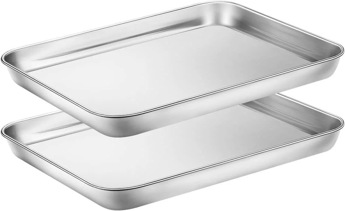 Baking Pans Sheet, 2 Piece Large Cookie Sheets Stainless Steel Baking Pan for Toaster Oven, RUseeN Non Toxic Tray Pan, Mirror Finish, Easy Clean, Dishwasher Safe, 10 x 8 x 1 inch
