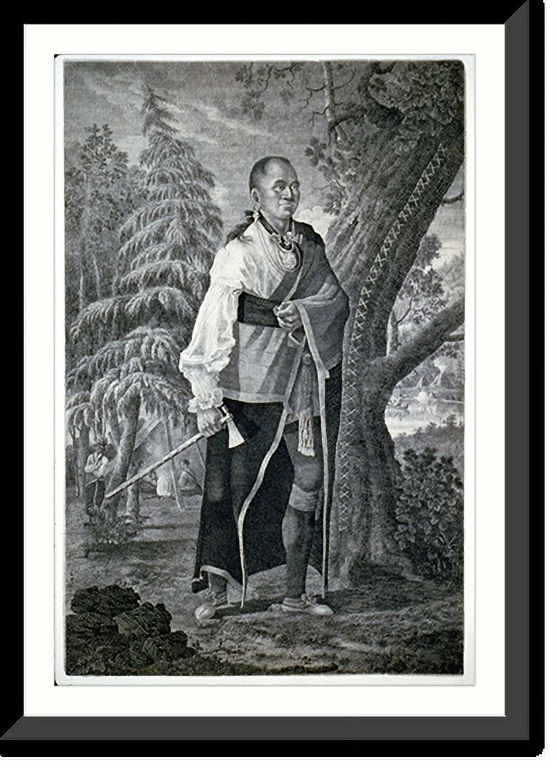 Historic Framed Print, Portrait of Hendrick, Mohawk chief, full length standing holding tomahawk with camp scene in background - 2, 17-7/8