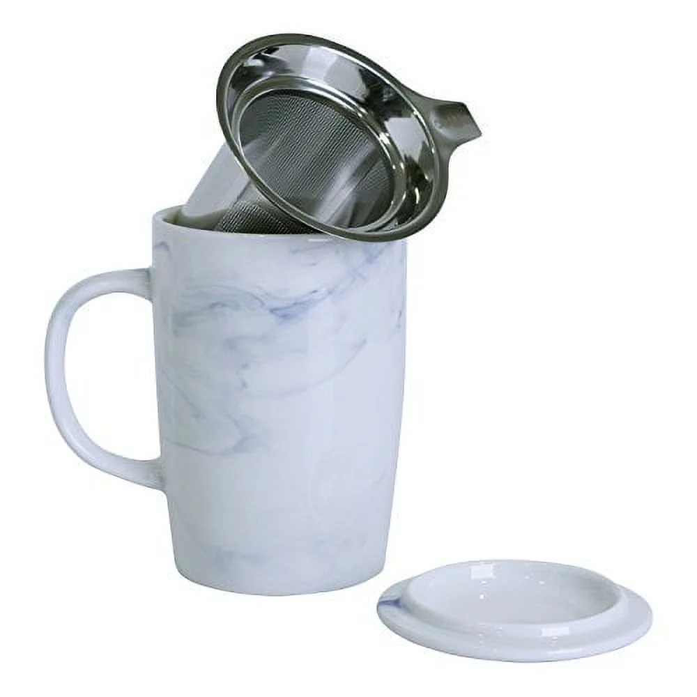 121228 White/ Blue 16 oz Marble Tea Infuser Mug Ocean