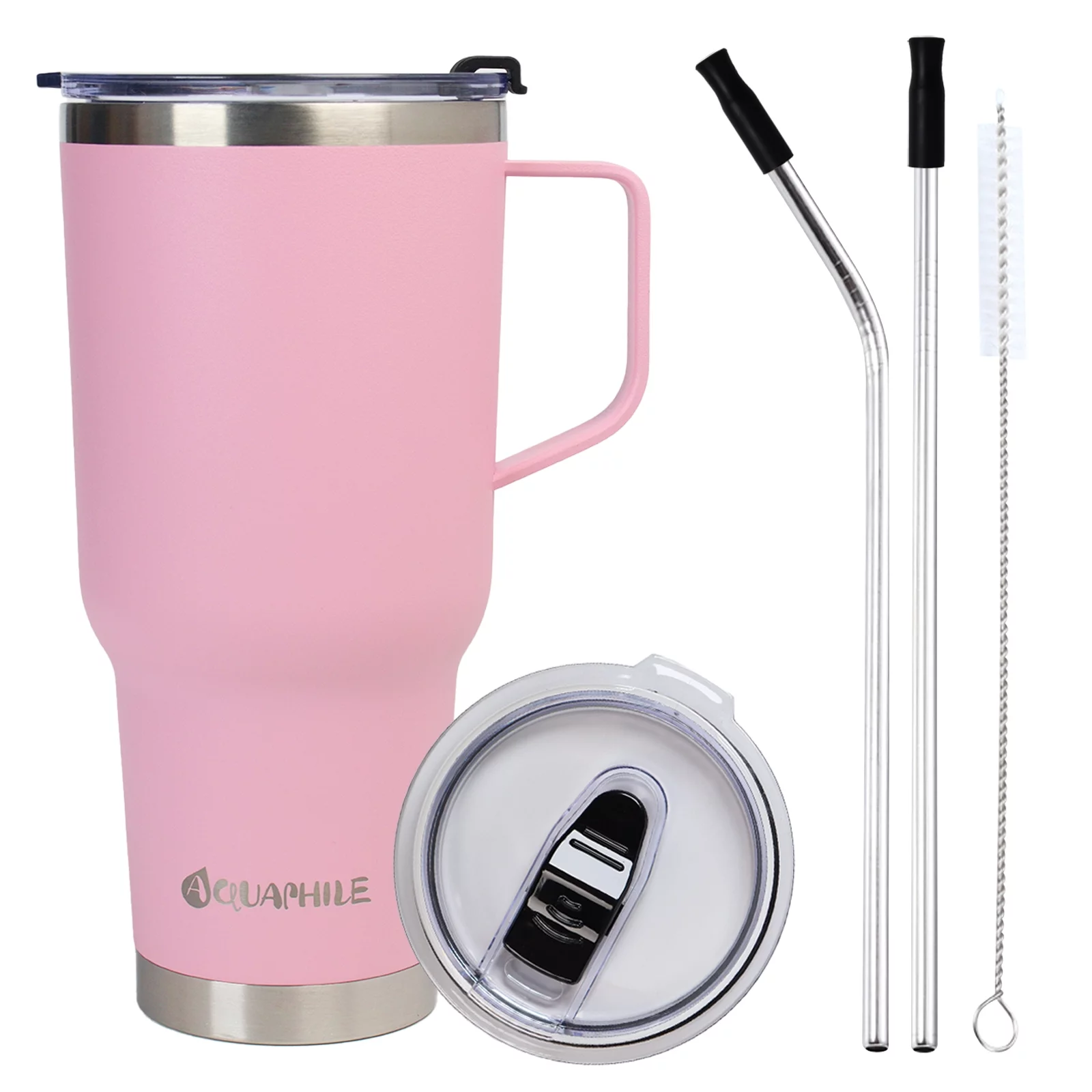 AQUAPHILE 40oz Tumbler with Handle, Double Walled Insulated Coffee Cup with Leak-proof Lid and Straw, Stainless Steel Travel Mug for Hot or Cold Drinks(Pink)