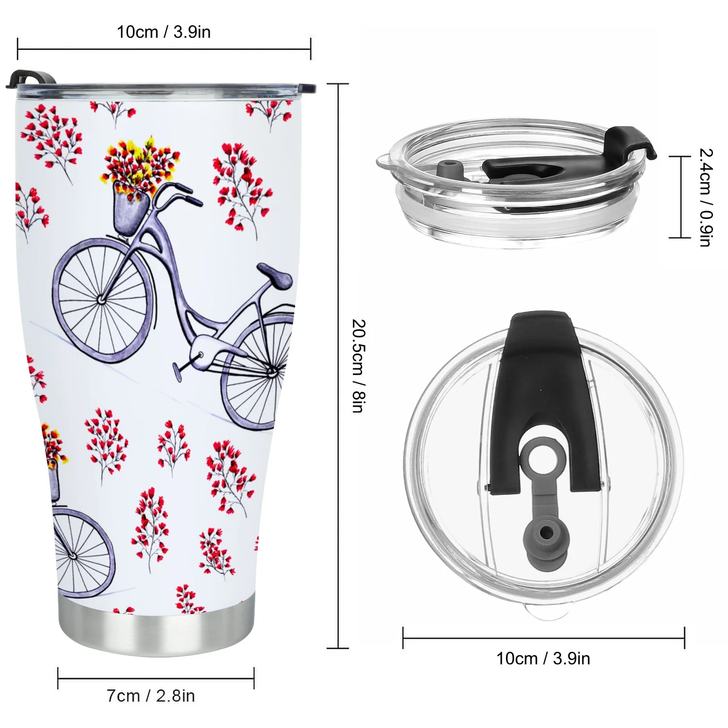 Hidove Stainless Steel Tumbler, Gray Watercolor Bicycle with Basket 30oz Leak Proof & Stainless Steel Bottle for Hot & Cold Drinks - Coffee Travel Mug, Water Metal Canteen, Thermal Cup