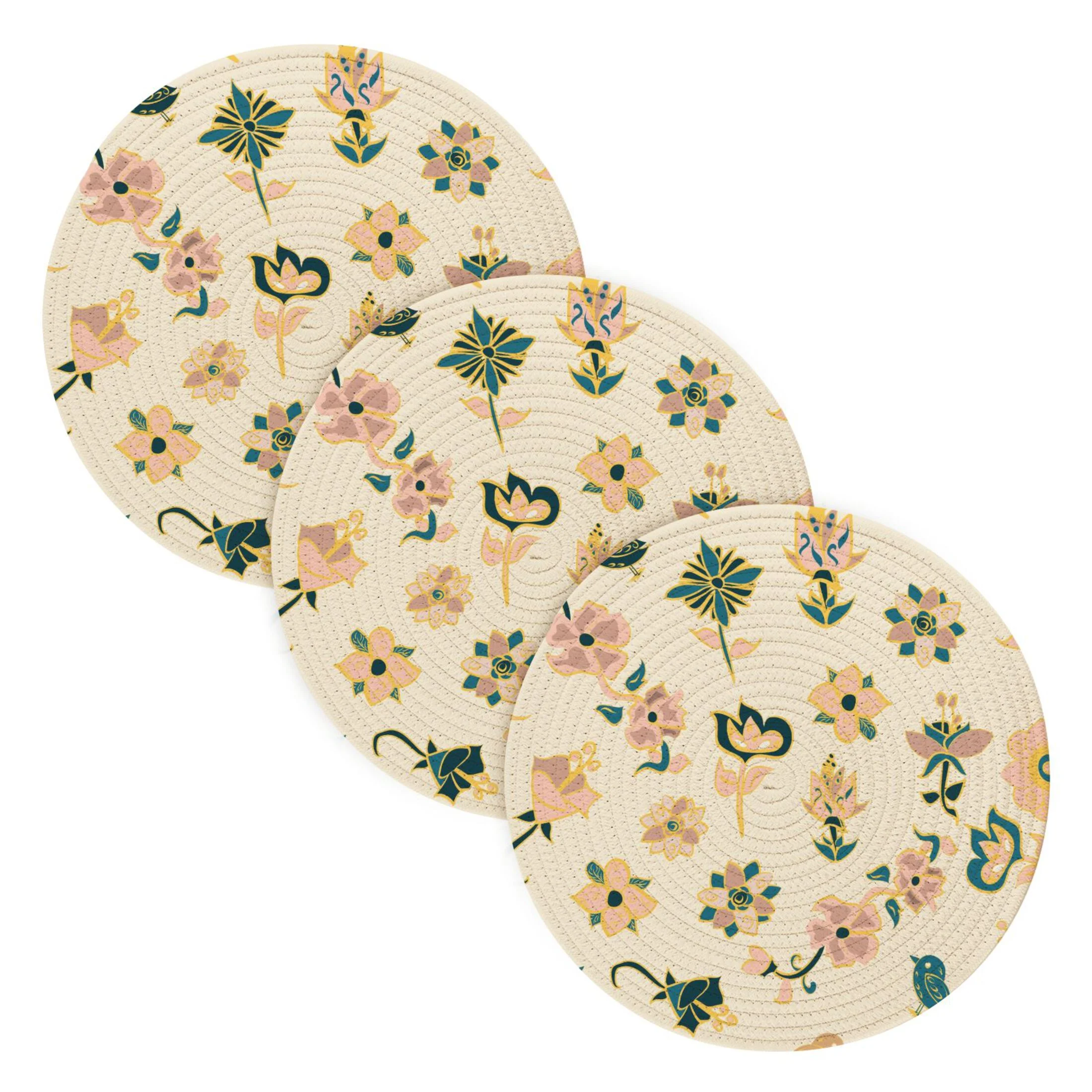 Pink Navy and Gold Flowers 3 PCs Pot Holders Trivets Kitchen 15
