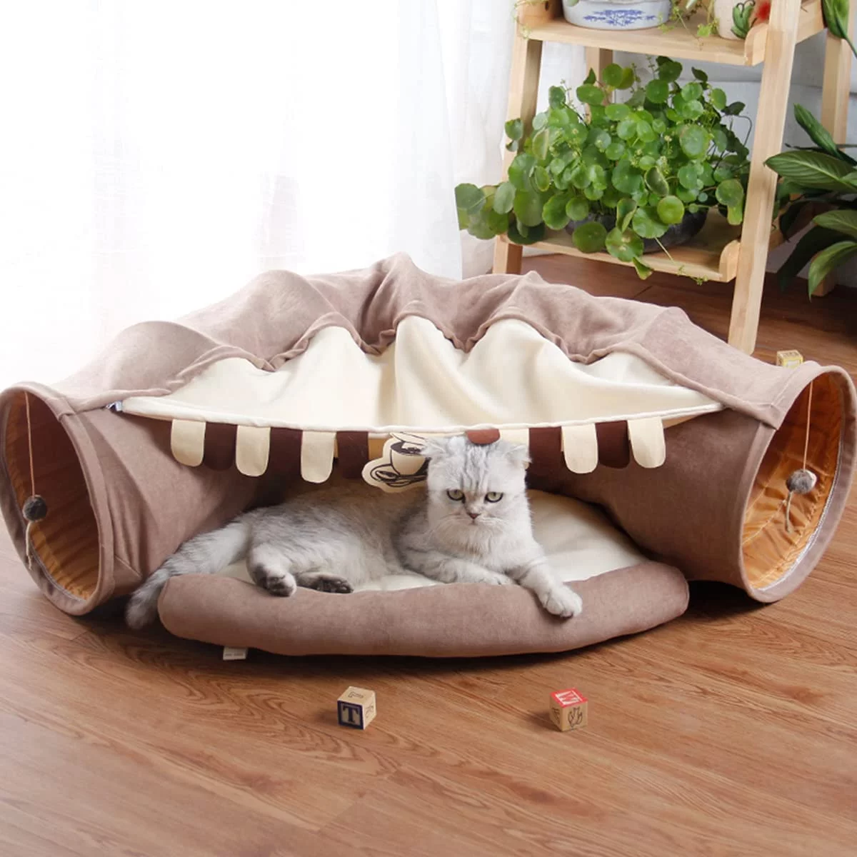Best Collapsible Cat Tunnel Bed for Indoor Cats, Washable Cat Hide Tunnel with Hanging Toys and Cushion Mat, Coffee
