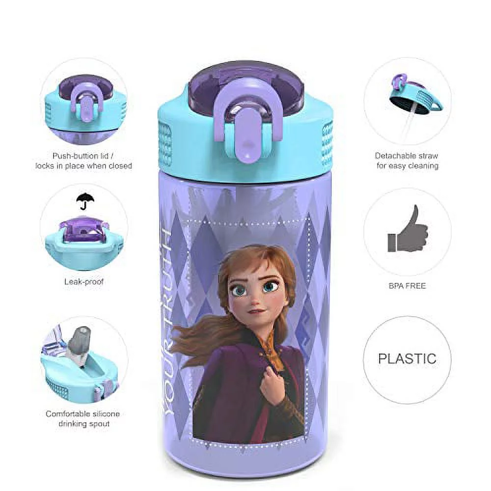 Zak Designs Disney Frozen 2 Kids Water Bottle Set with Reusable Straws and Built in Carrying Loops Made of Plastic Leak Proof Water Bottle Designs Elsa Anna 16 oz BPA Free 2pc Set