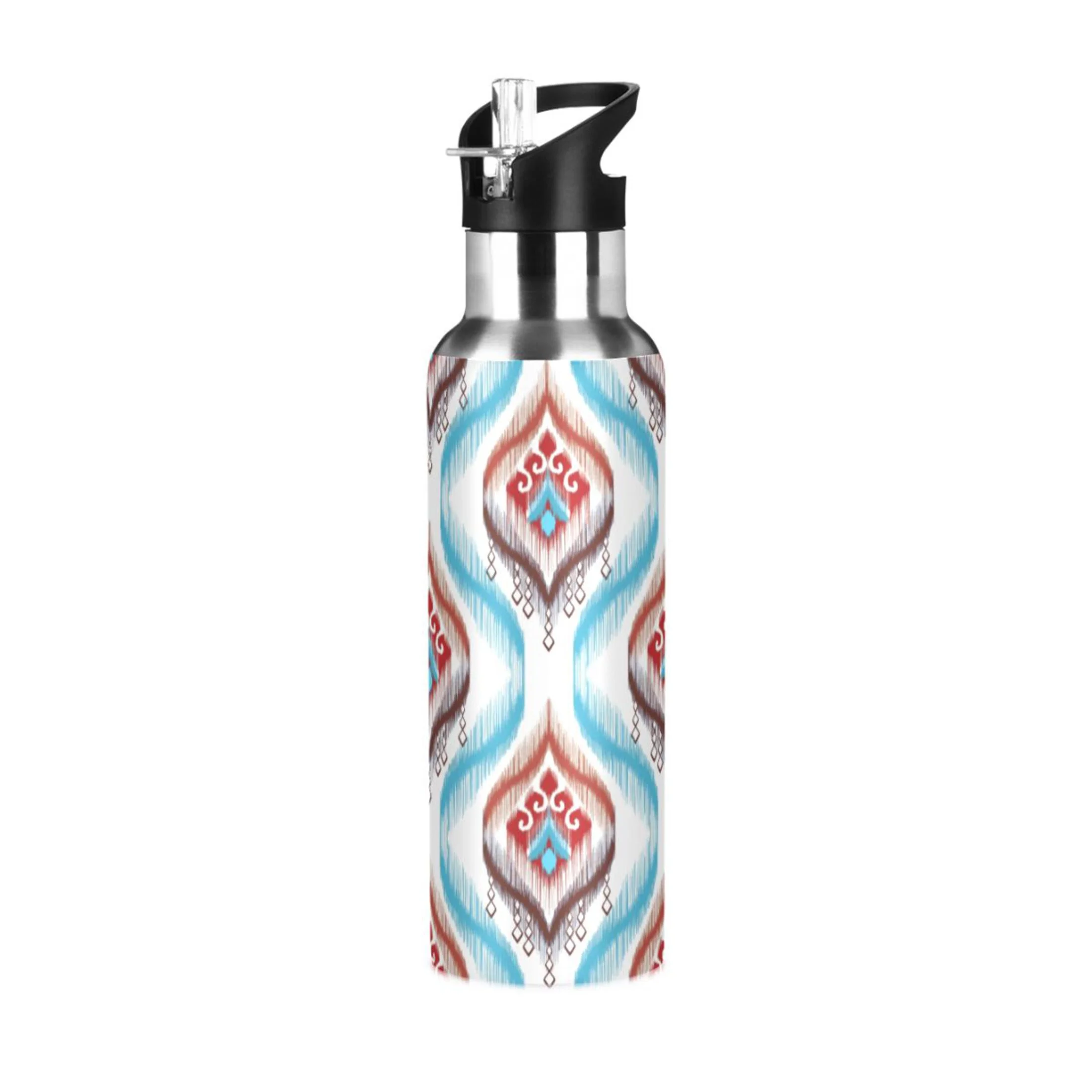 Tribal India Ethnic Mandala Blue Water Bottles Insulated Thermos Kids Stainless Steel Bottle with Straw Lid Flask Leakproof for Sports Gym 20 oz