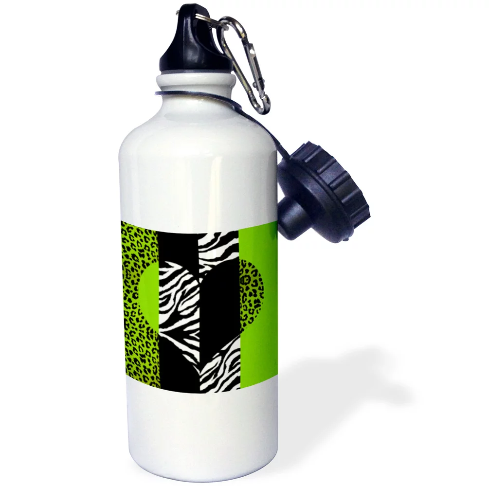 Lime Black and White Animal Print - Leopard and Zebra Heart 21 oz Sports Water Bottle wb-35441-1