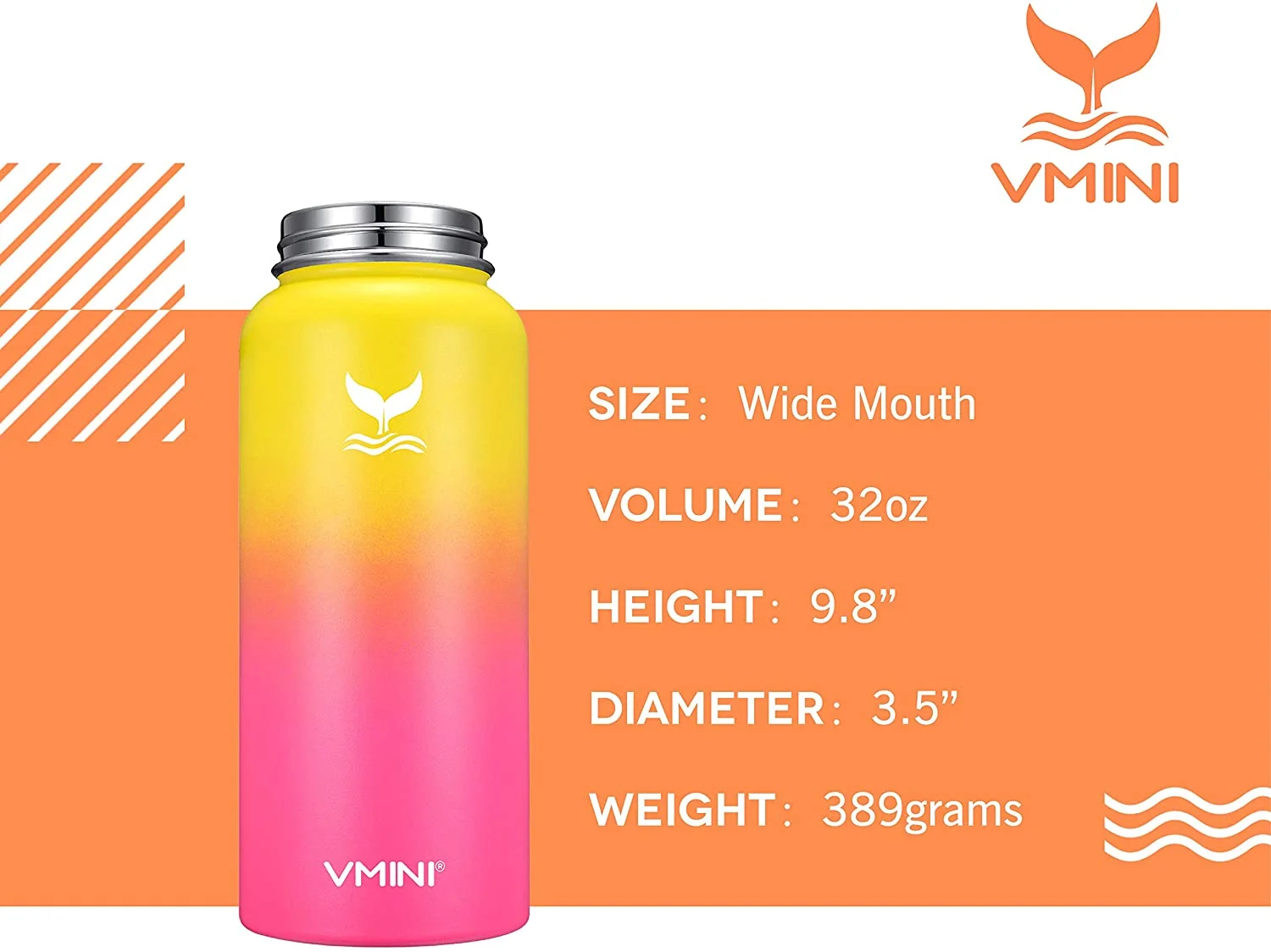 Vmini Water Bottle with New Wide Handle Straw Lid, Wide Mouth Vacuum Insulated 18/8 Stainless Steel, 32oz, Gradient Yellow Pink Nectarine 32oz