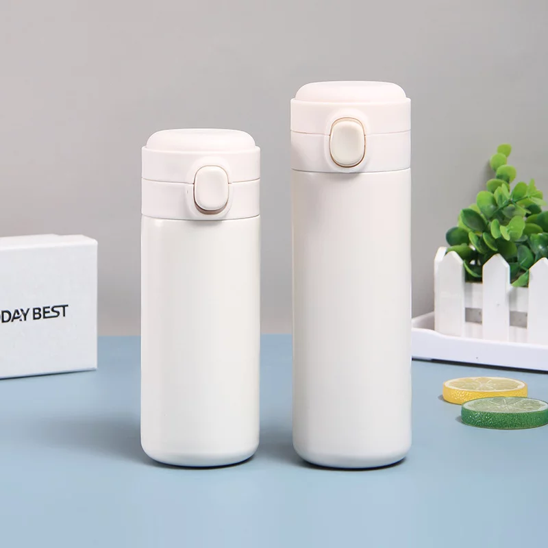 Stainless Steel Water Bottle 14oz White Straight Thin Kids Cup Straw Cup with Pop black lid