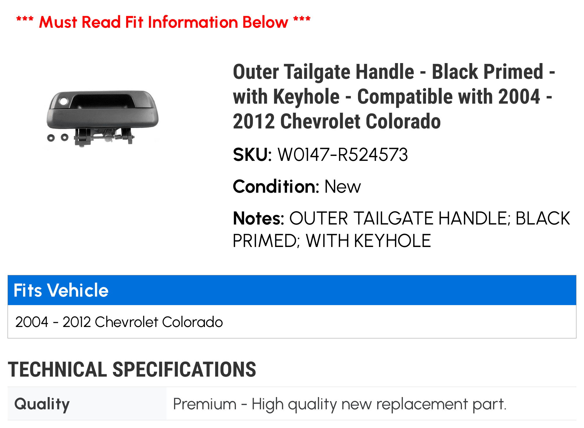 Outer Tailgate Handle - Black Primed - with Keyhole - Compatible with 2004 - 2012 Chevy Colorado 2005 2006 2007 2008 2009 2010 2011