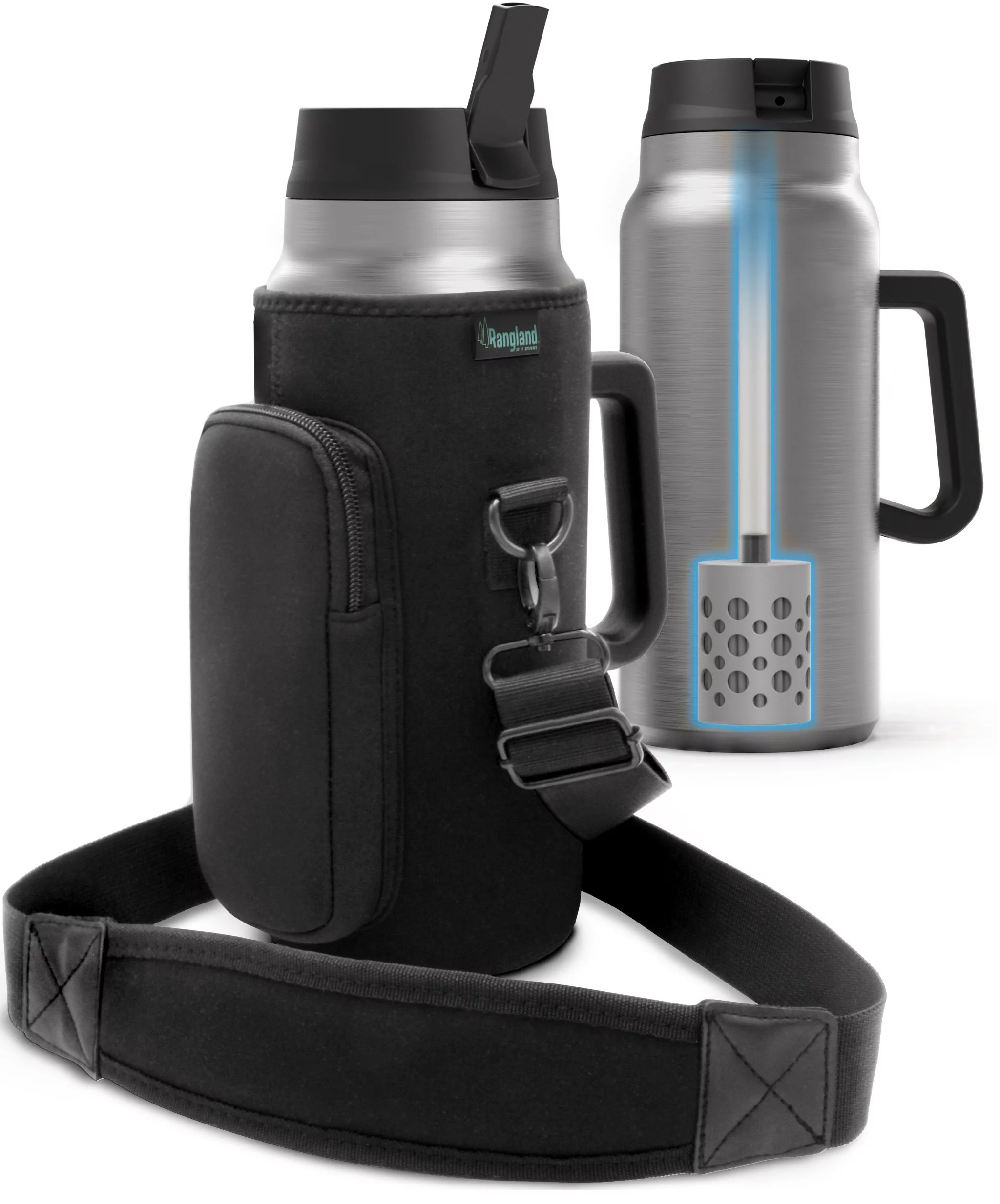 64 oz Water Bottle with Filter Straw Lid and Handle, Insulated Filtered Half Gallon Tumbler for Hot/Iced Drinks (Neoprene Carrying Strap Bag Included)