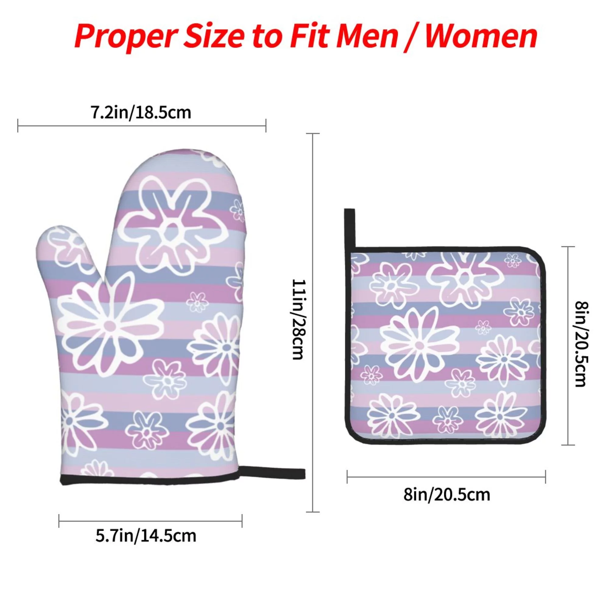 Purple Striped Flowers Oven Mitts and Pot Holders Sets Baking Sets for Kitchen BBQ Gloves Heat Resistant Cooking Line Art 4 Pieces