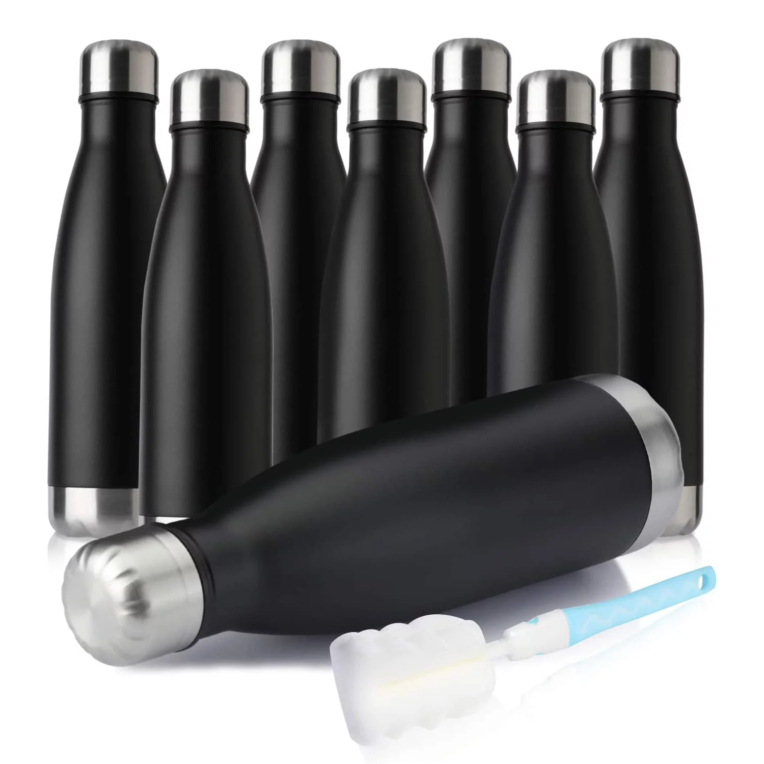 MEWAY 17oz Sport Water Bottle 8 Pack Vacuum Insulated Stainless Steel Sport Water Bottle Leak-Proof Double Wall Cola Shape Water Bottle,Keep Drinks Hot & Cold (Black,8 Pack)