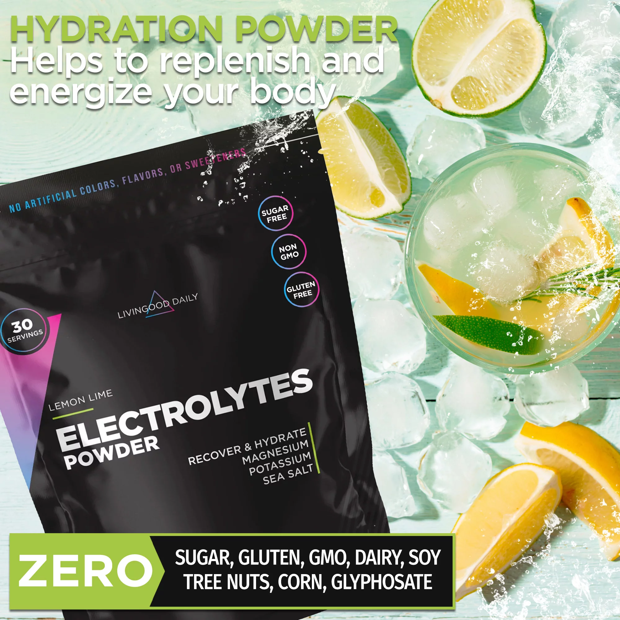 Livingood Daily Electrolyte Powder, Lemon Lime - Sugar-Free Hydration Drink Mix