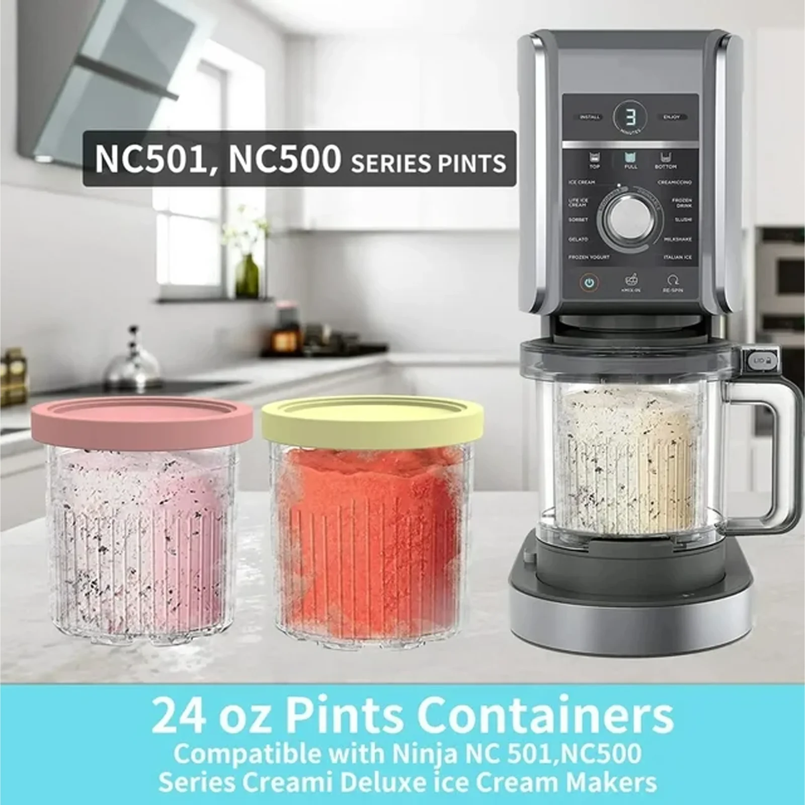 Containers Replacement for Ninja Creami Pints and Lids - 4 Pack, 24oz Cups Compatible with Ninja NC501 NC500 Creami Deluxe Ice Cream Makers - Airtight Anti-slip BPA-Free Dishwasher Safe