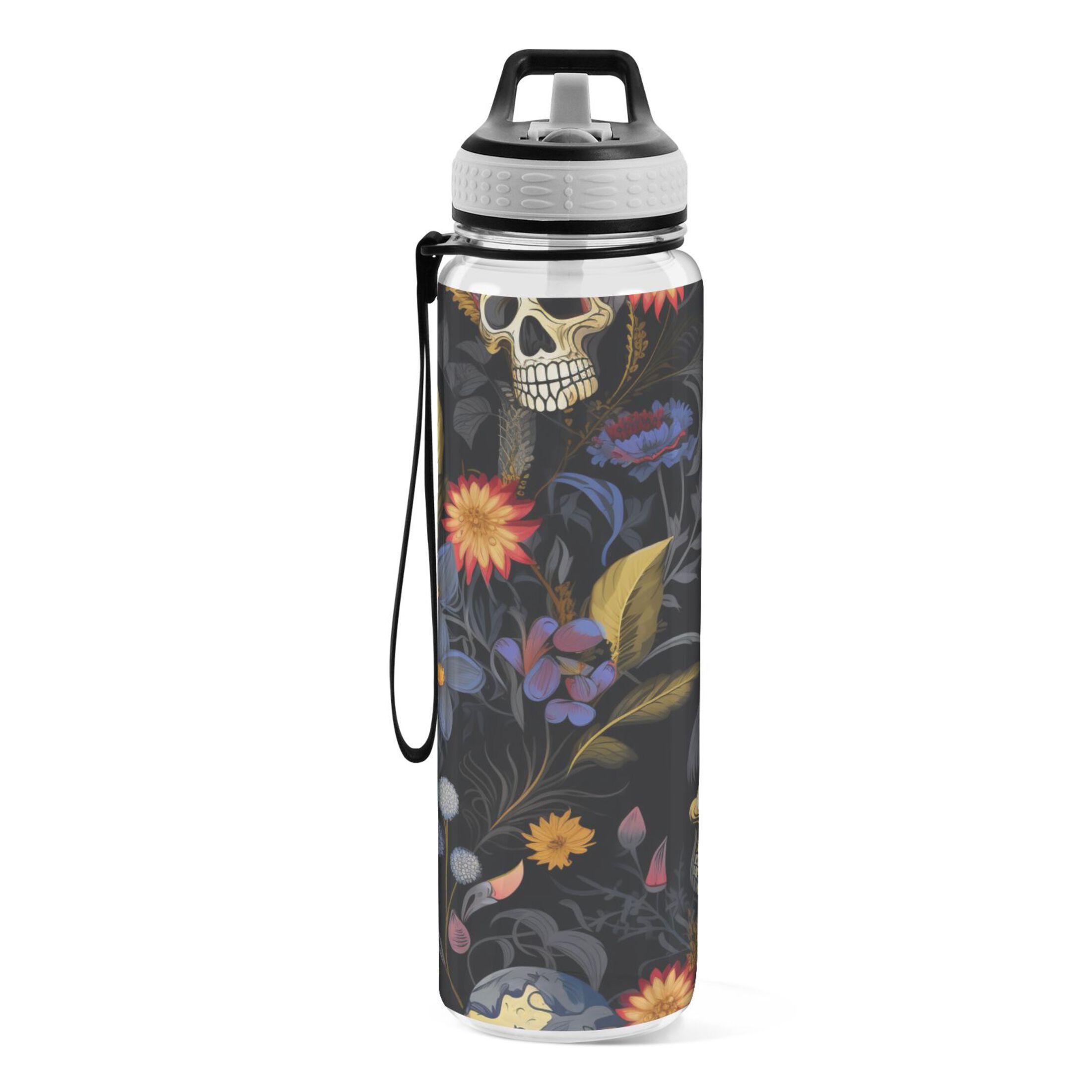 Skeletons Floral 32oz Sports Water Bottles Leakproof Tritan Bottle with Straw BPA Free Clear Bottle for Fitness Gym Outdoor Cycling