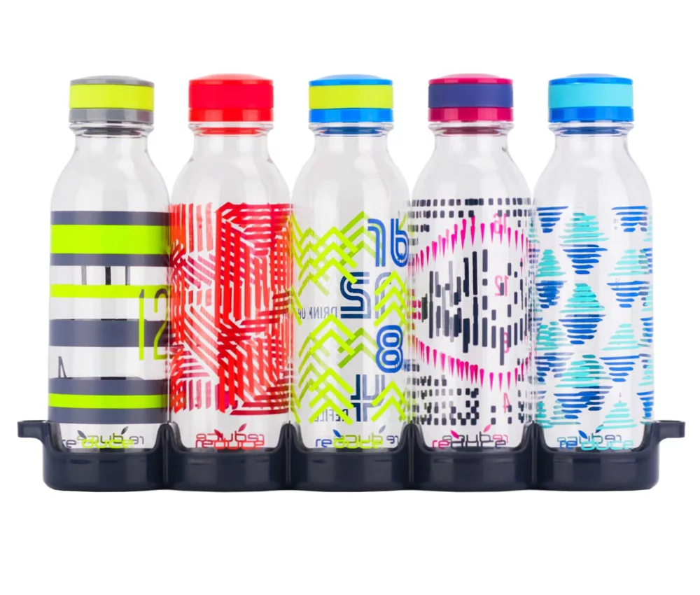 Reduce WaterWeek Reusable Water Bottle Set, 20oz – Plastic Reusable Water Bottle Set of 5, Plus Fridge Tray – BPA-Free, Leak Proof Twist Off Cap – Score