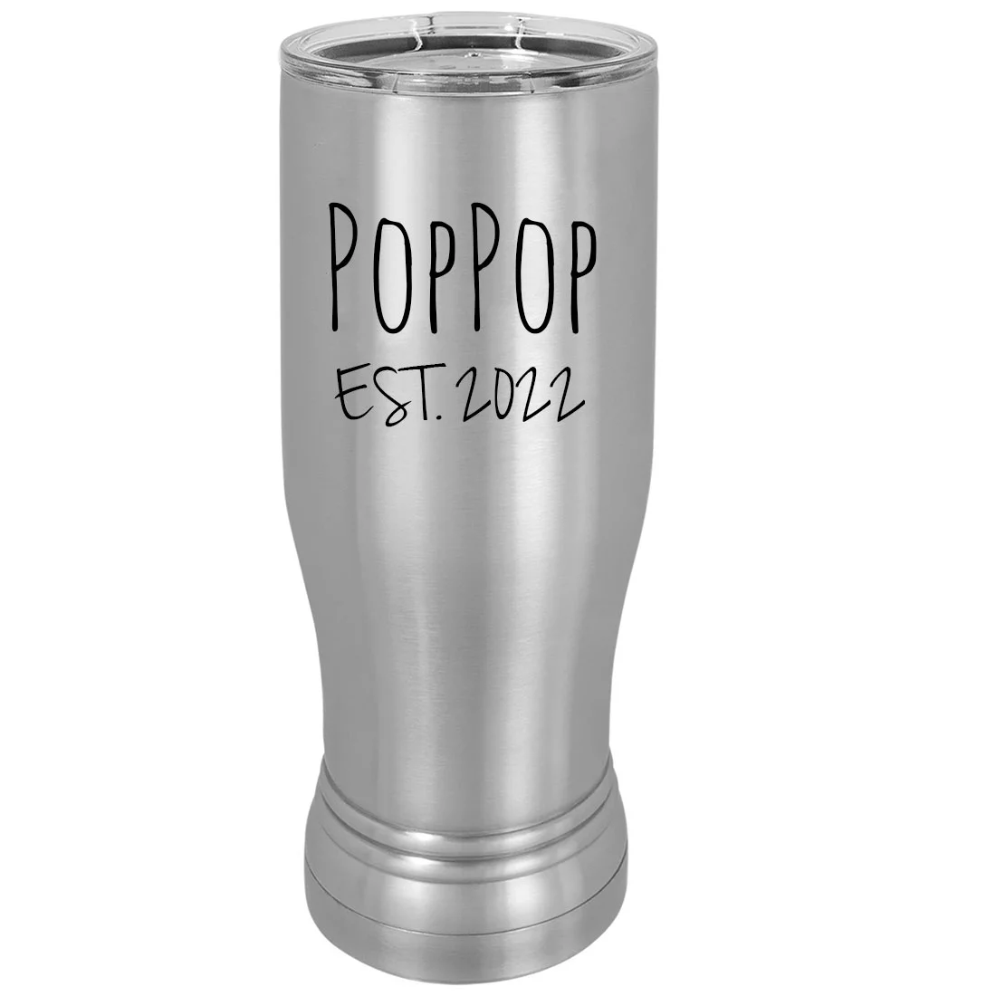 PopPop Est. 2022 Established 14 oz Silver Stainless Steel Double-Walled Insulated Pilsner Beer Coffee Mug with Clear Lid