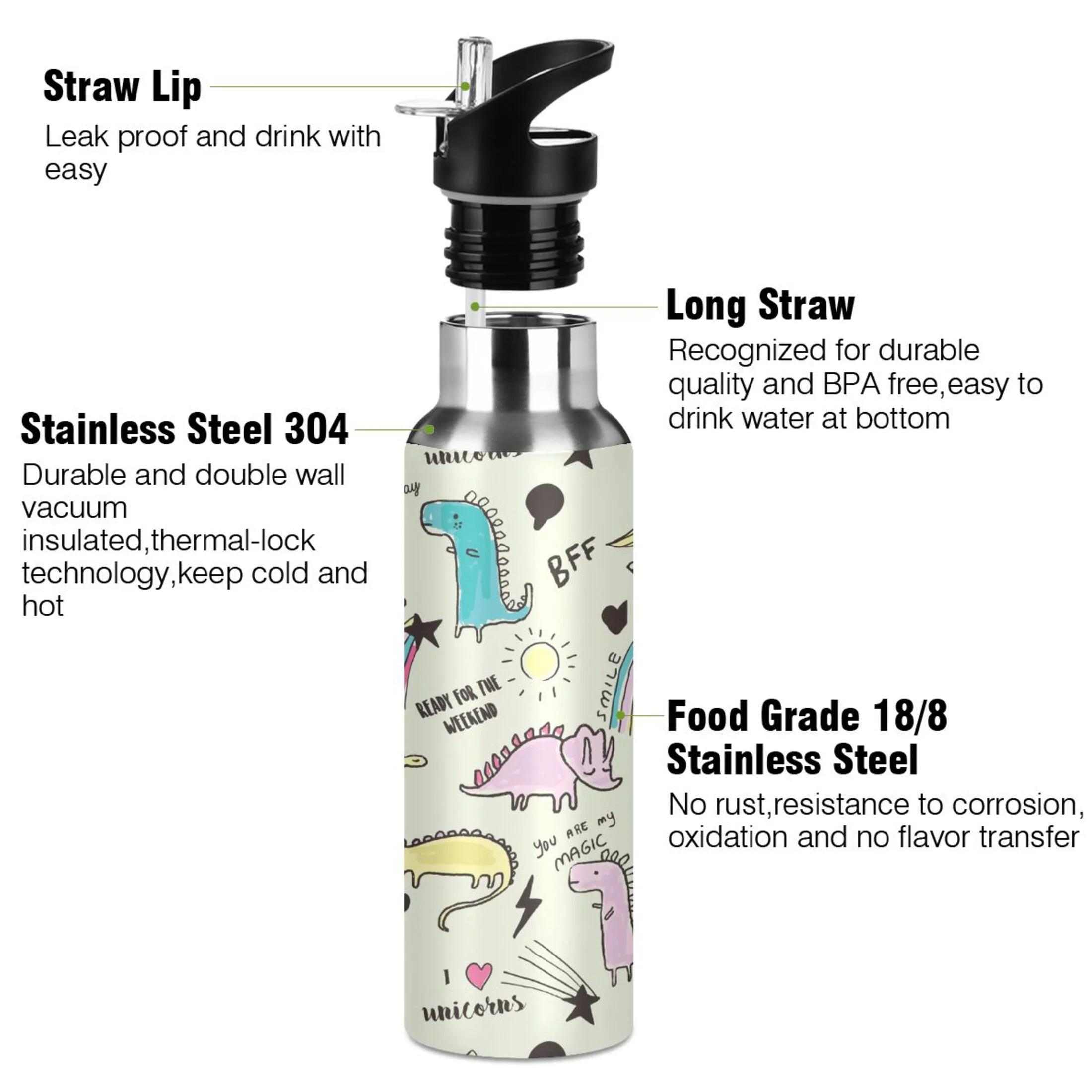 Stainless Steel Water Bottle Cute Unicorn Dinosaur with Straw Lid Vacuum Insulated Keeps Hot and Cold Leak Proof Flask Jug for Gym Travel Sports Cycling Outdoor 20 OZ