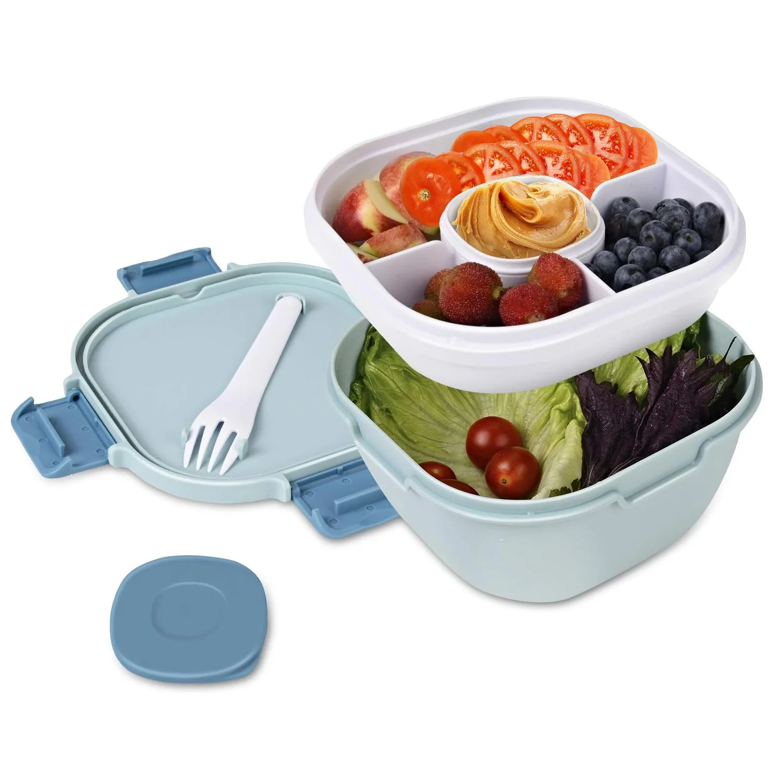 Salad Bowl with Lid, Large Lunch Container with 3 Compartments, Leak Proof Bento Box for Salad Toppings, Snacks, Men, Women, Dishwasher/Microwave Safe (Blue)