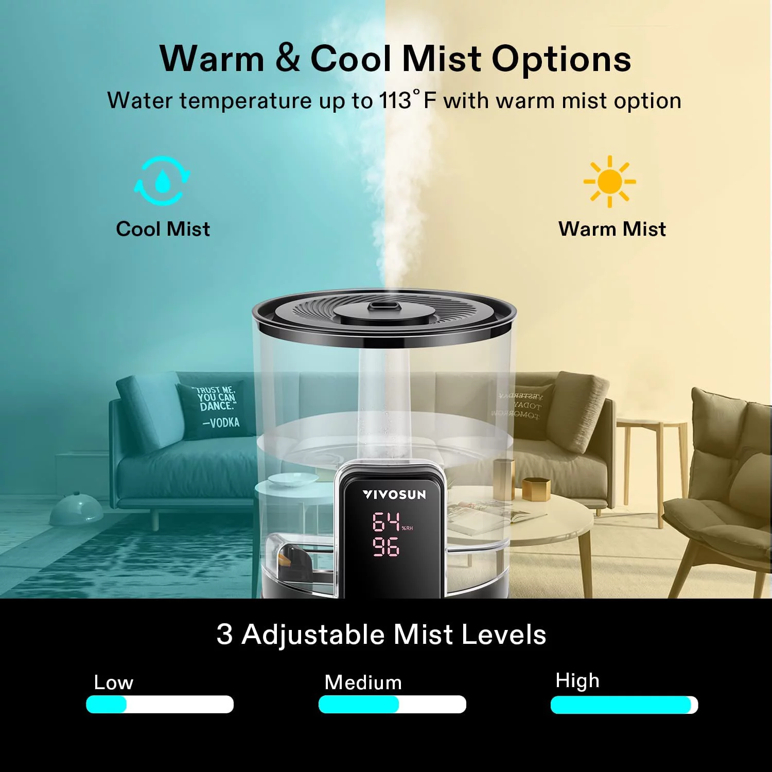 VIVOSUN Air Humidifier, 6L 2-in-1 Cool & Warm Mist Humidifier