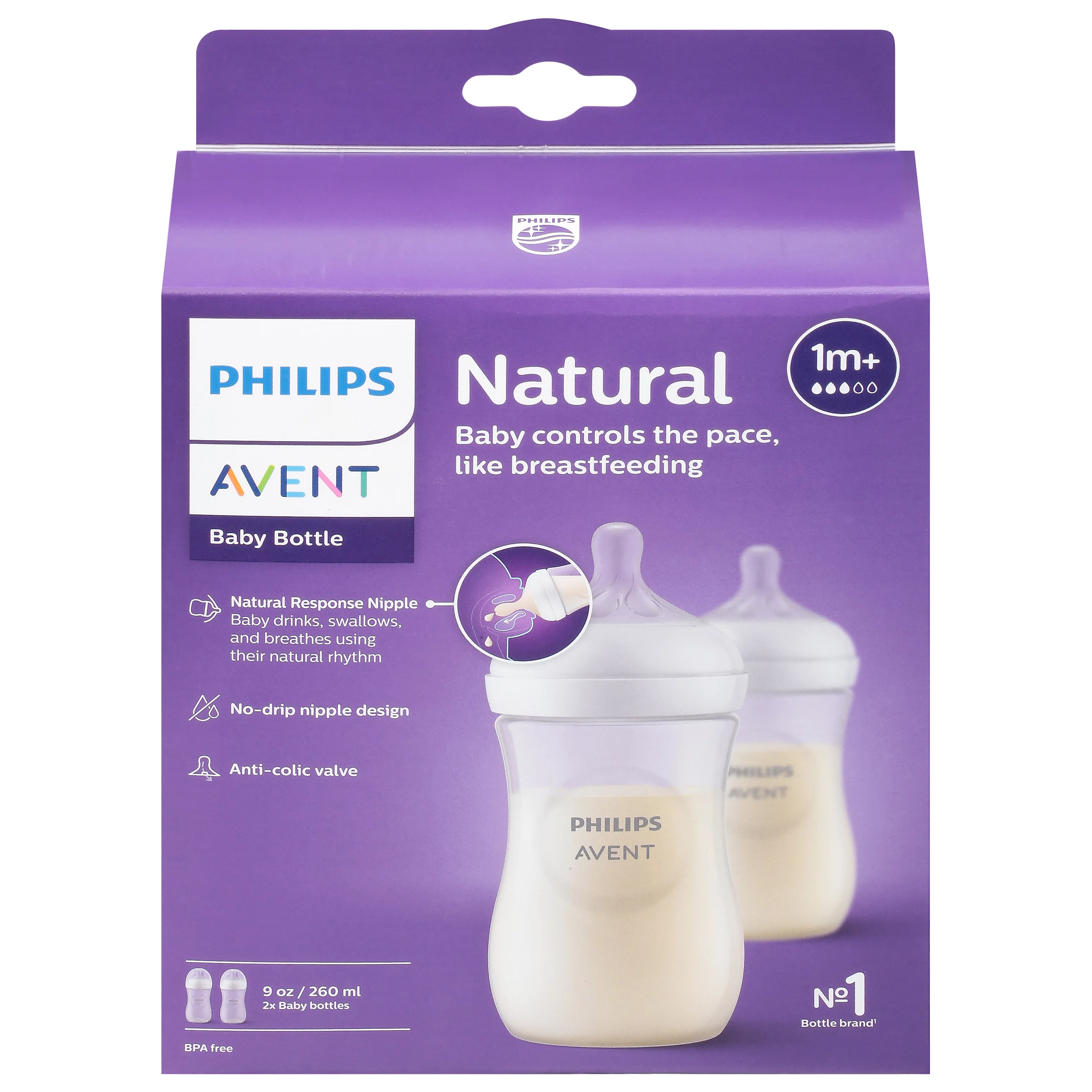 Philips Avent Natural Baby Bottle with Natural Response Nipple, Clear, 9oz, 2pk
