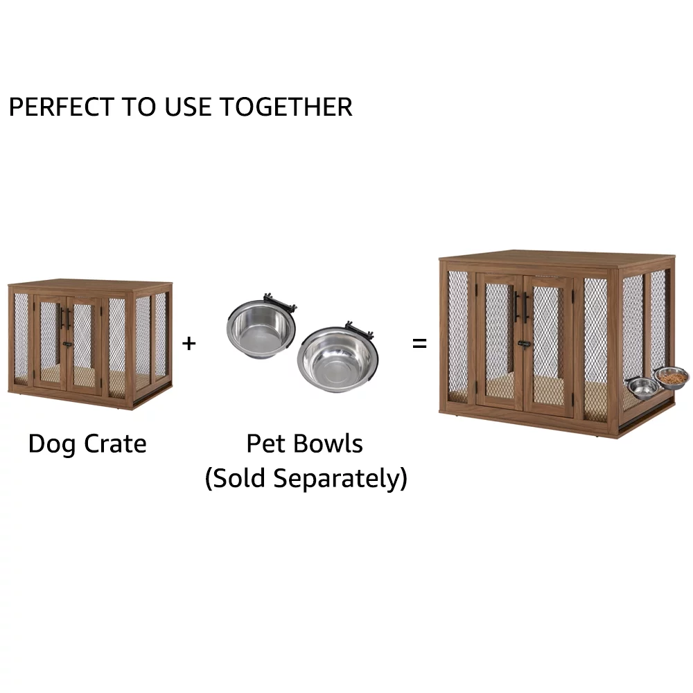 Unipaws Dog Crate Furniture with Cushion and Tray, Metal Mesh Dog Kennels with Double Doors, Large Pet Kennel End Table Indoor, Walnut