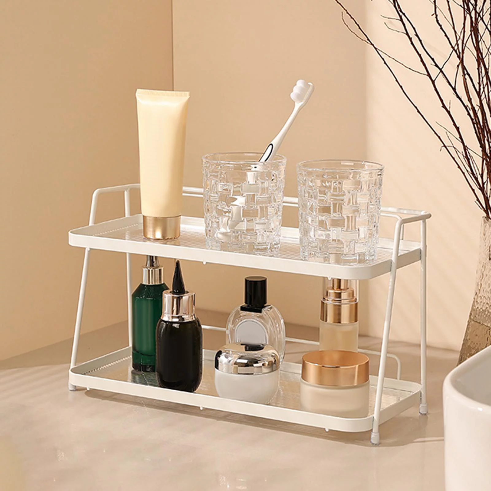 Storage Shelf, Cosmetic Rack, 2 Tier Bathroom Organizer Shelf, Bathroom Countertop Organizer, for Home Cabinet Shampoo Bedroom Spice Bottles White