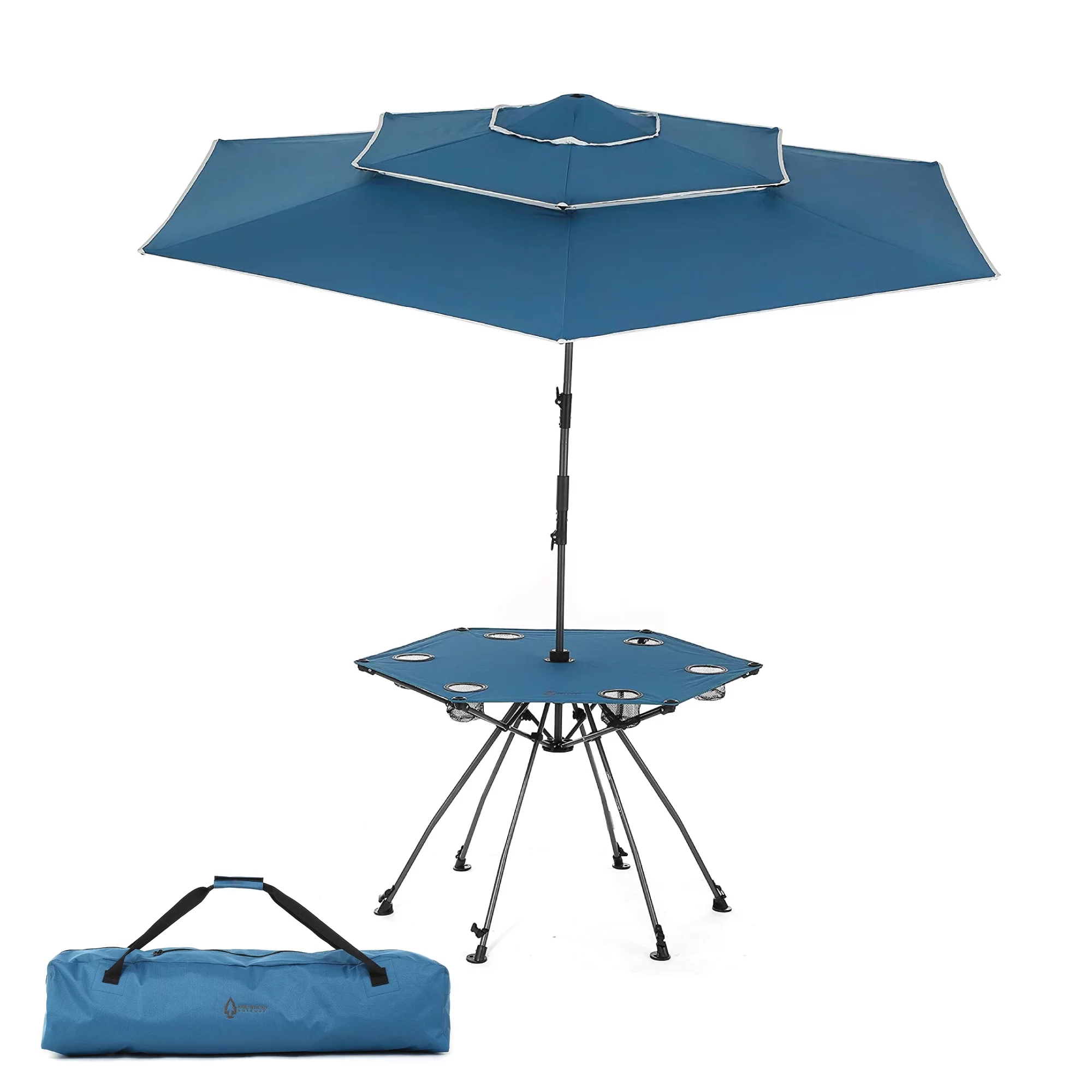 ARROWHEAD OUTDOOR 8FT Portable Beach Umbrella & Folding Table, Wind Stabilization Vent, Adjustable Tilt, Stakes & Anchor Included, 6 Cup Holders, UBF 50+ Protection, Carrying Case w/ Backpack Straps