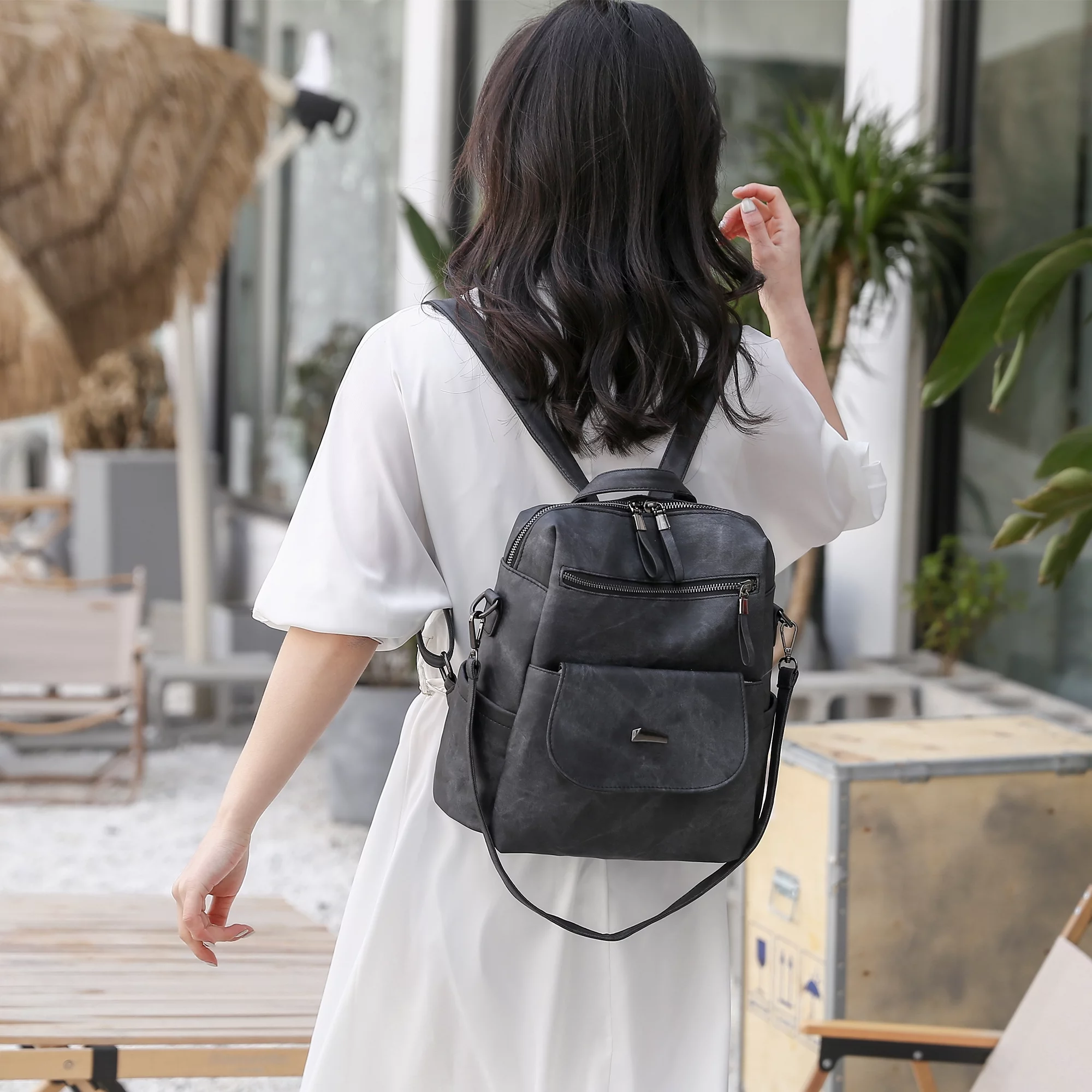 Women Backpack Anti-theft PU Leather Designer Travel Backpack , Fashion Shoulder Handbag, Black