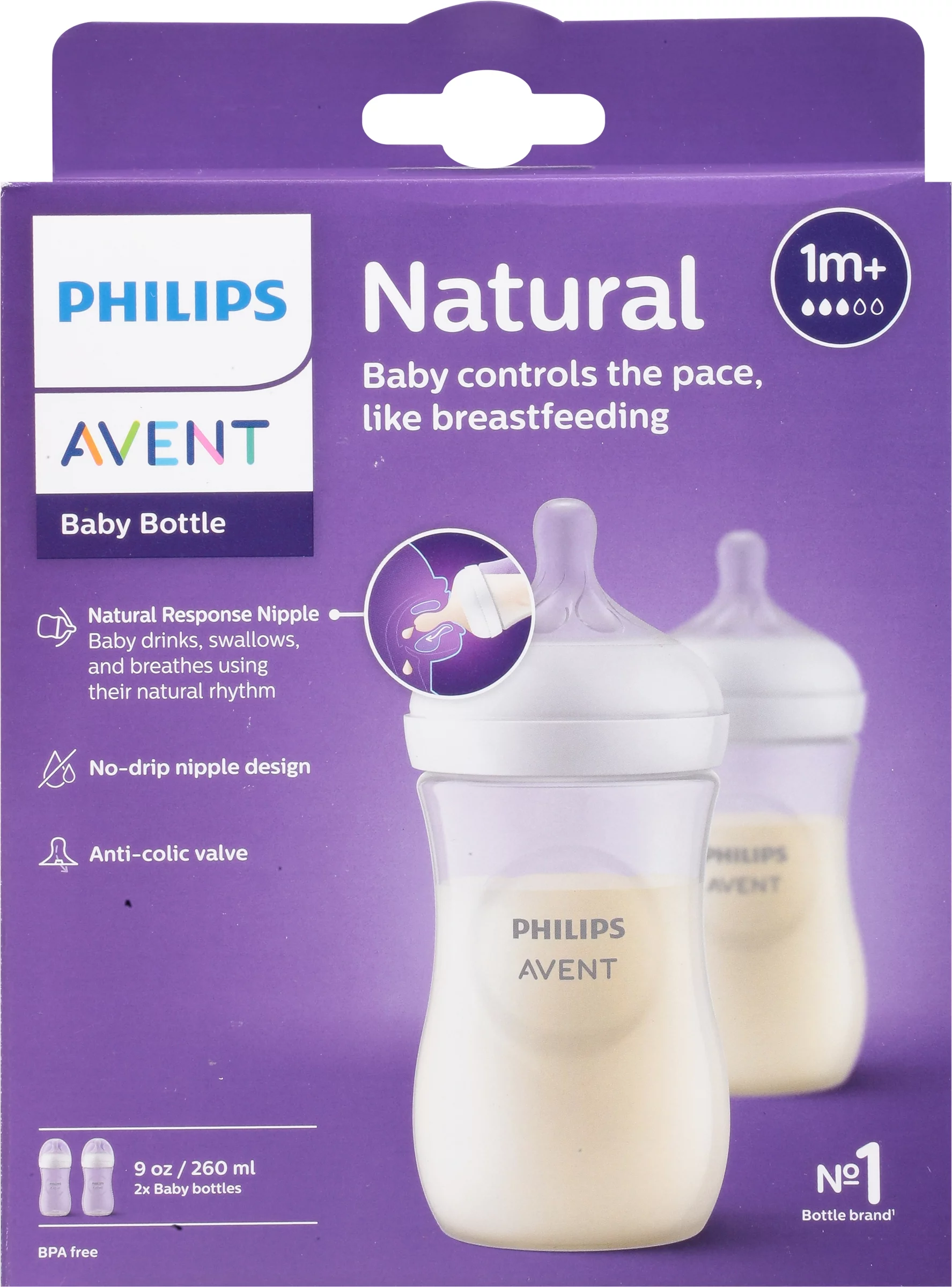 Philips Avent Natural Baby Bottle with Natural Response Nipple, Clear, 9oz, 2pk