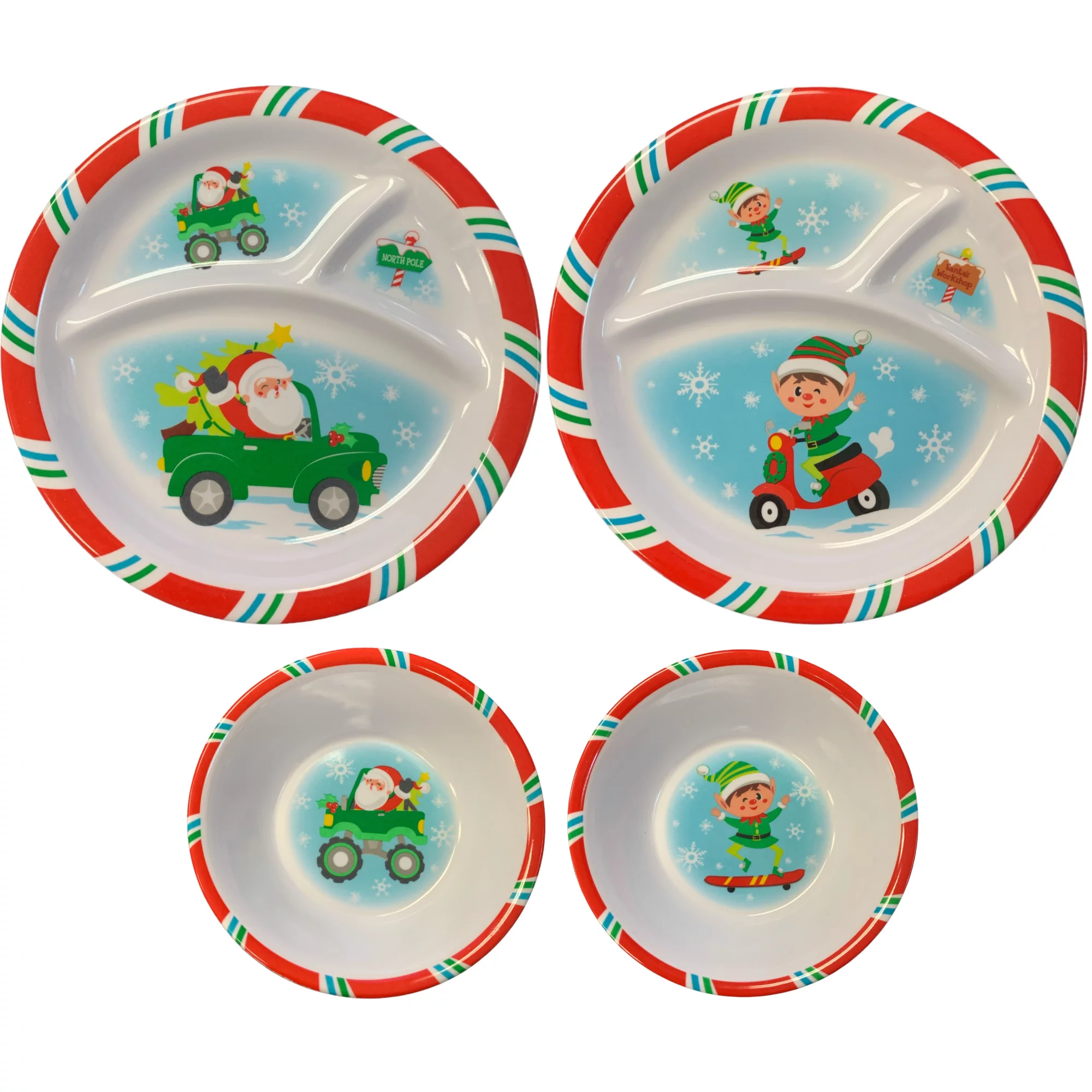 Christmas Melamine for Kids 3 Section Divided Dish Plates Bowls Christmas Plates, Dinnerware Set, Picky Eater Plates Santa Elf Truck Scooter (4 Pc Set)