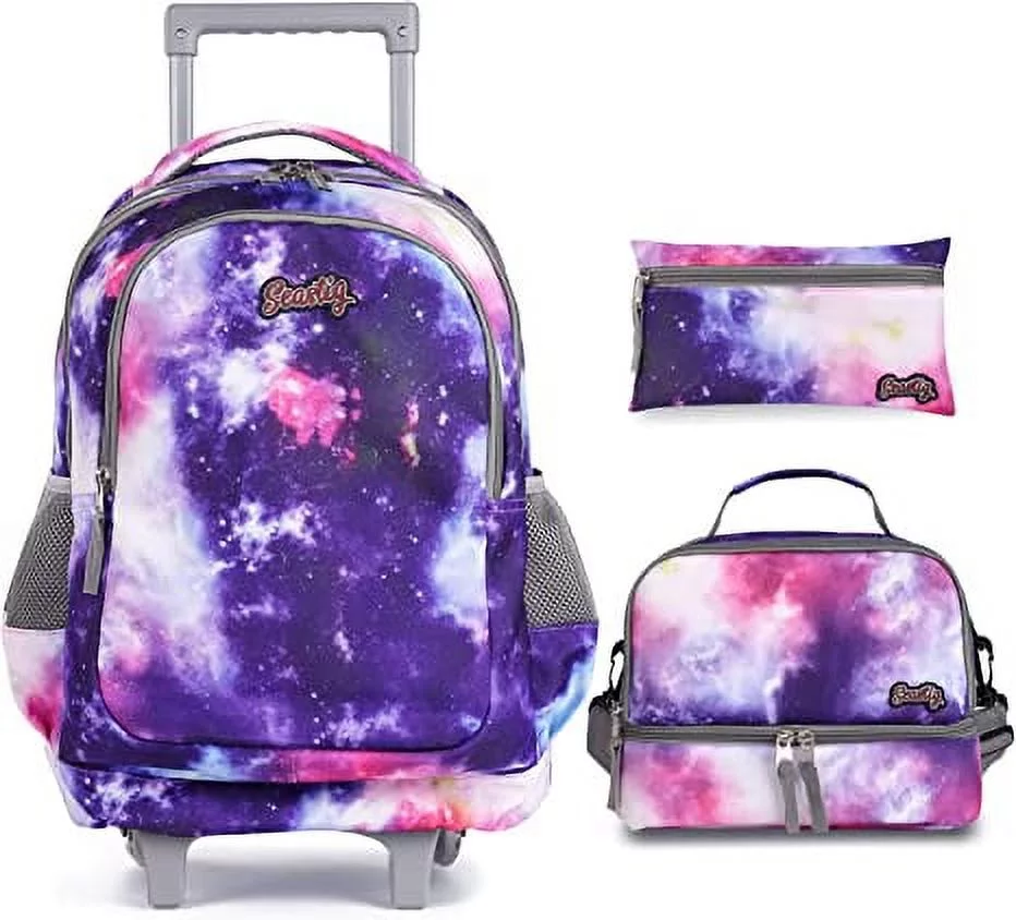 Seastig Foldable Rolling Backpack for Kids Wheeled Backpack Double Handle Backpack Wheeled Suitcase with Lunch Bag and Pencil Case