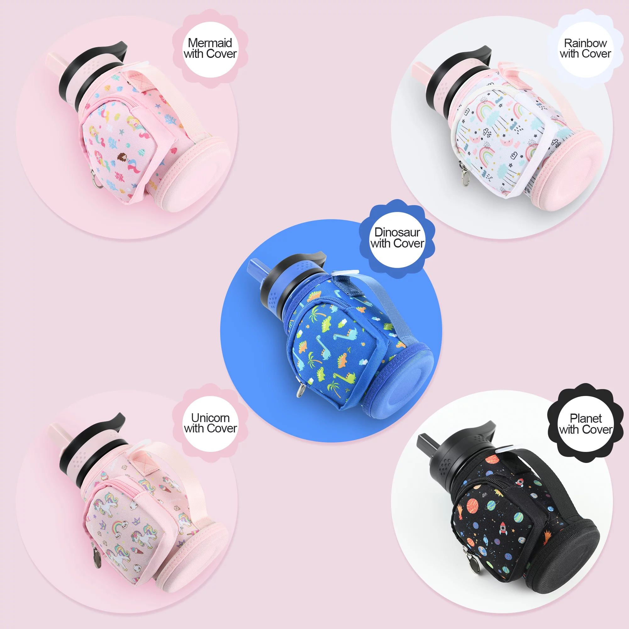 DweIke Kids Water Bottle with Straw Lid ,Bottle Holder and Adjustable Strap, Reusable Tumbler for Toddlers, Girls, Boys, 14oz, Mermaid