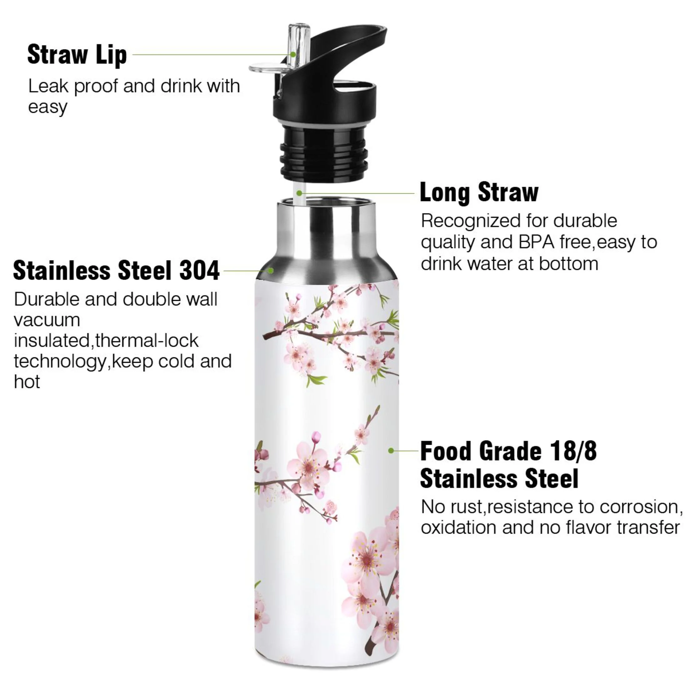 Water Bottle with Straw Lid Leak Blooming Cherry Floral Pink Flower Stainless Steel Insulated Thermos Vacuum Flask for Cold Hot Drinking for Sports Camping Gym Yoga