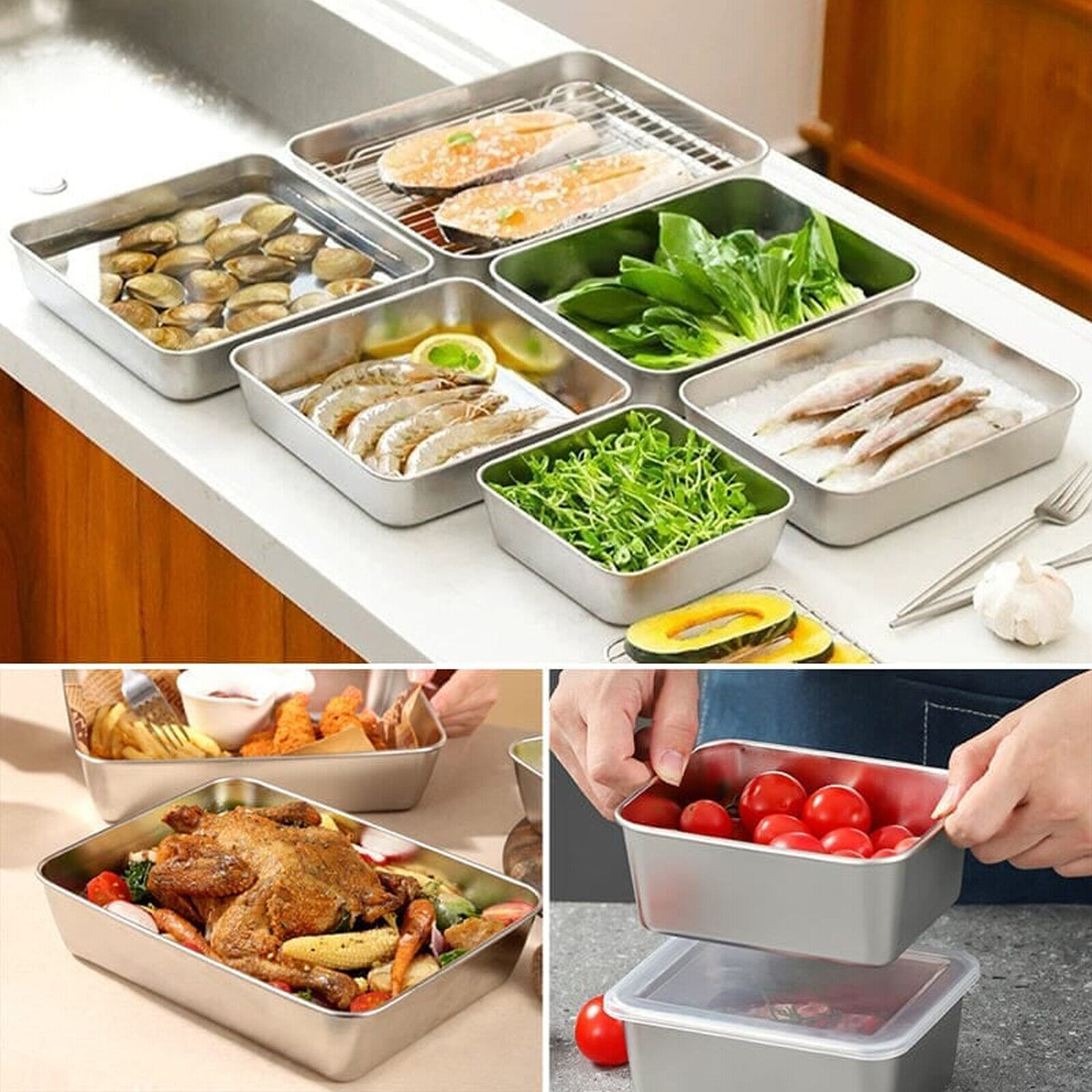 Reusable Stainless Steel Square Plate with Lid Camping Picnic Plates for Food