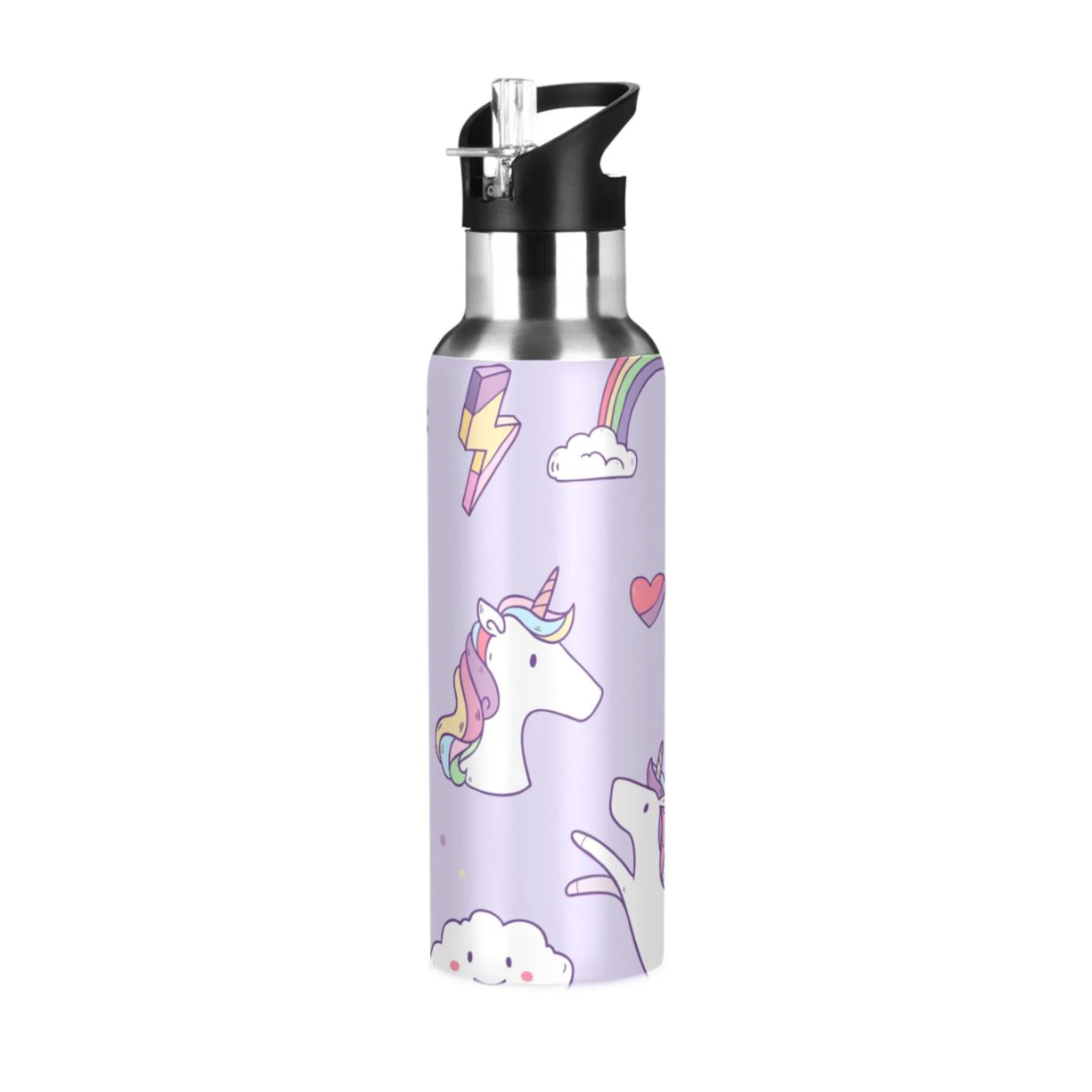 Water Bottle with Straw Lid Leak Cartoon Unicorn Rainbow Ice Cream Element Pattern Stainless Steel Insulated Thermos Vacuum Flask for Cold Hot Drinking for Sports Camping Gym Yoga