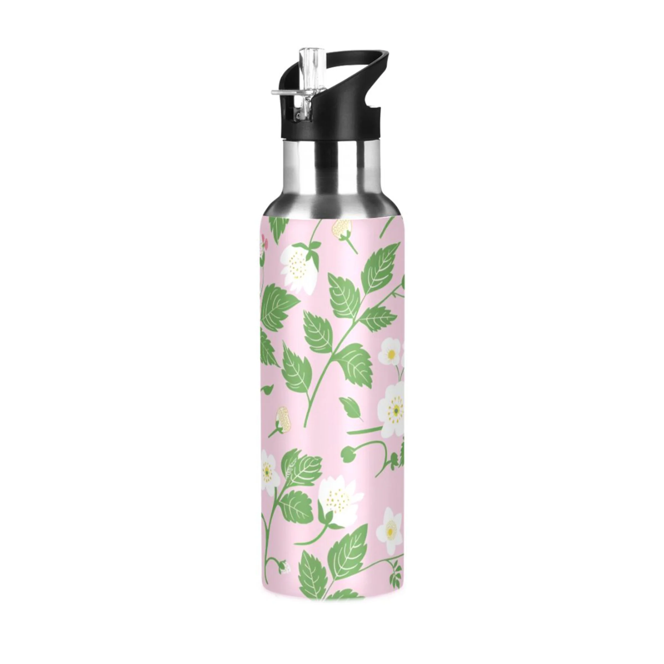 Summer Flower and Leaf Water Bottles Insulated Thermos Kids Stainless Steel Bottle with Straw Lid Flask Leakproof for Sports Gym 20 oz