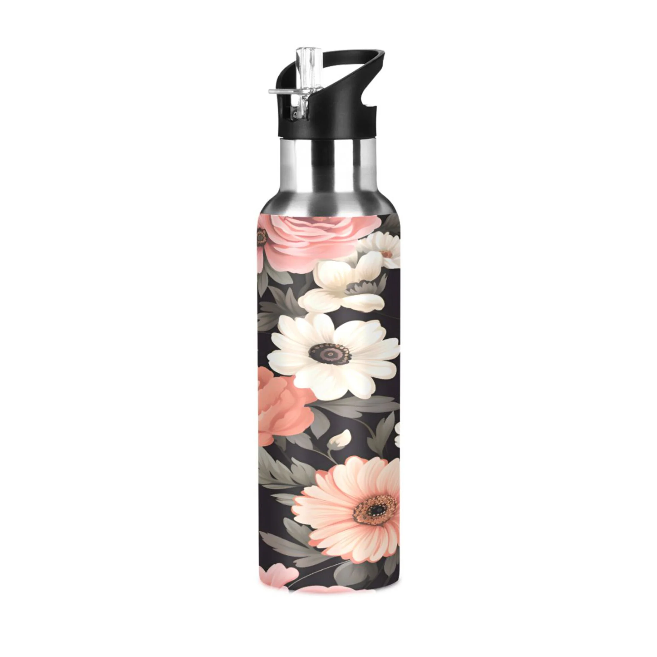 Water Bottle with Straw Lid Leak Flowers Floral on Black Stainless Steel Insulated Thermos Vacuum Flask for Cold Hot Drinking for Sports Camping Gym Yoga