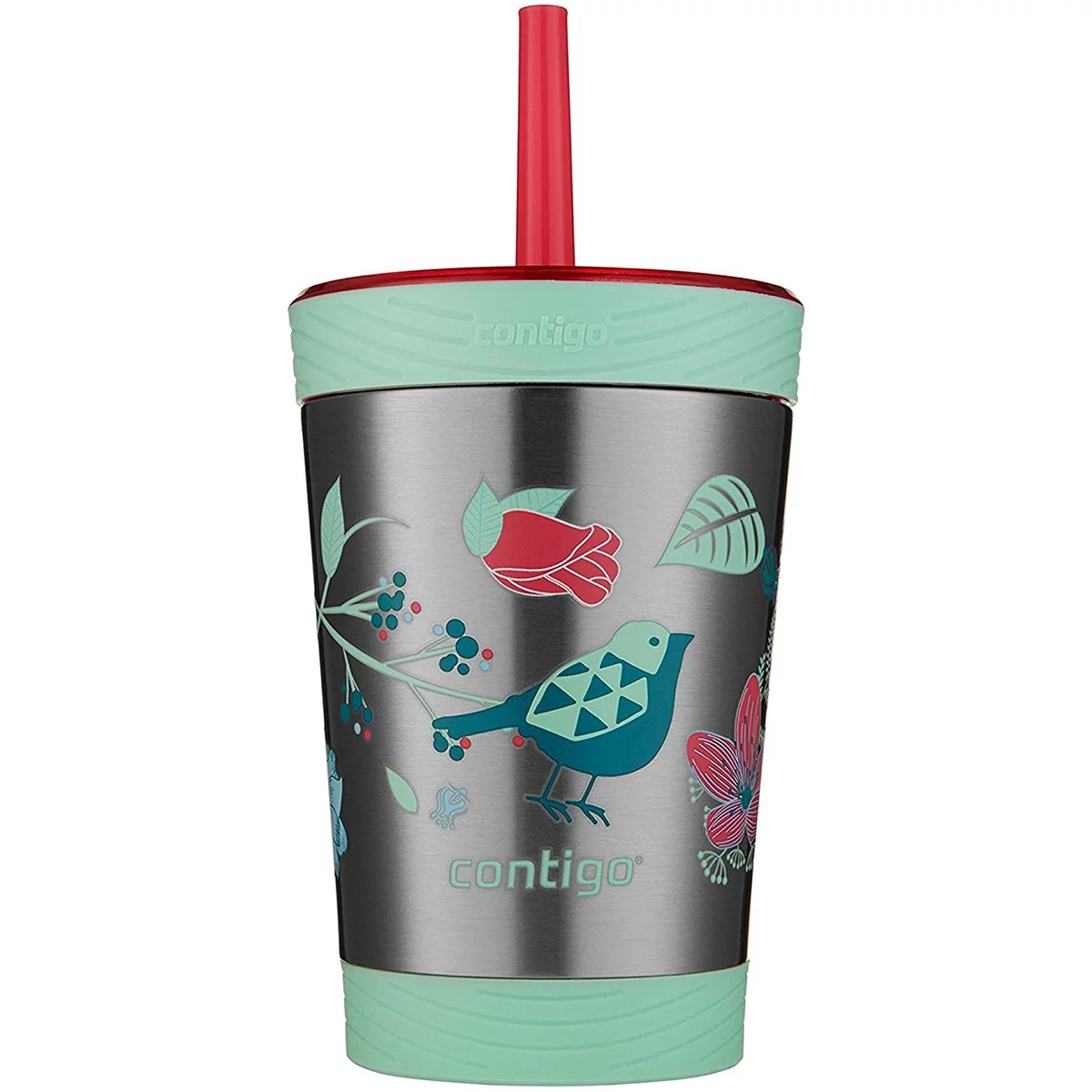 Contigo Kids Spill-Proof Stainless Steel Tumbler with Straw Sprinkles with Birds and Flowers, 12 fl oz.